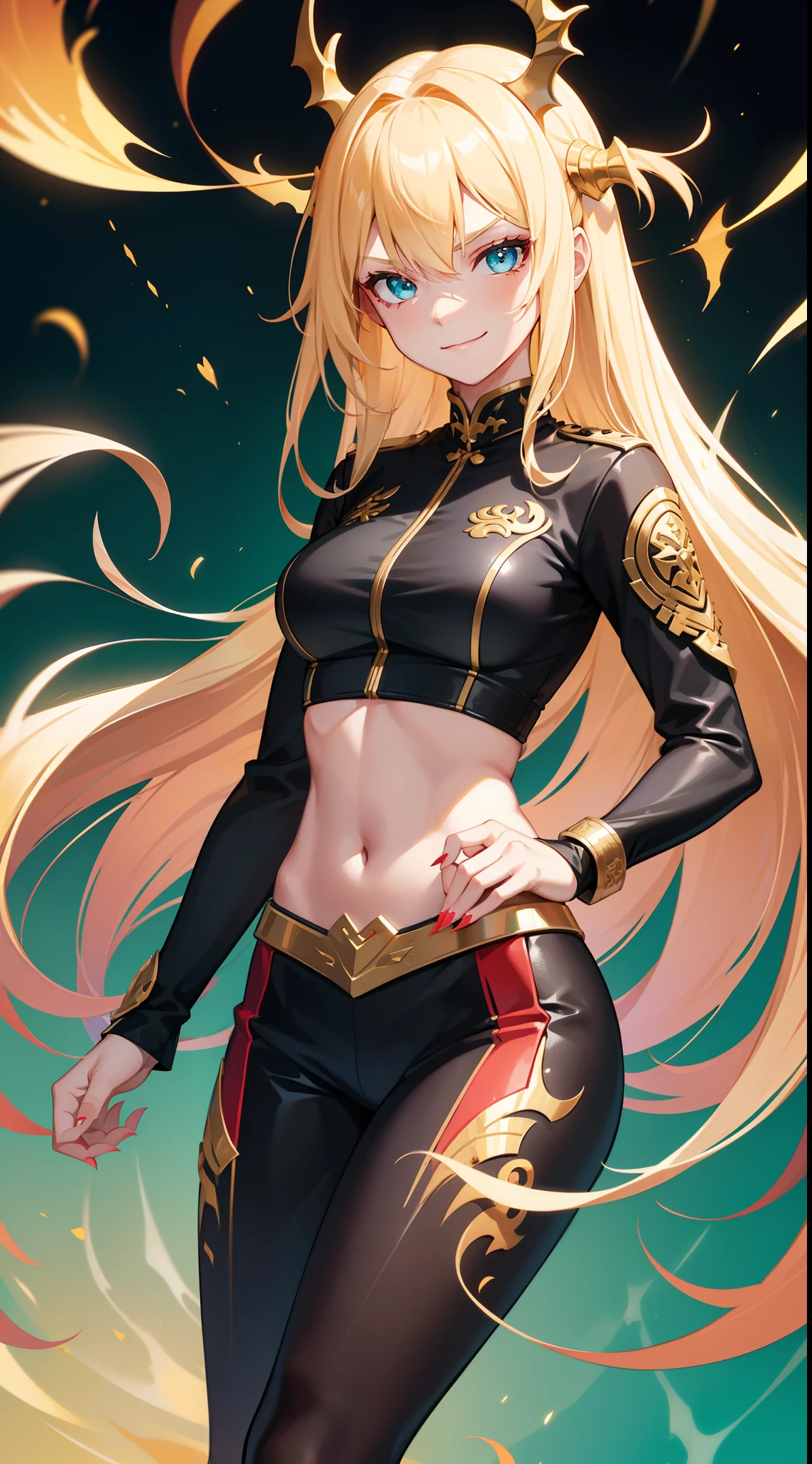 young girl, long blonde hair, barrette, turquoise eyes, dragon tattoo, red tight uniform, Gold Elements, open hips, claws, smirk, Masterpiece, hiquality, 4k, HD, Good detail