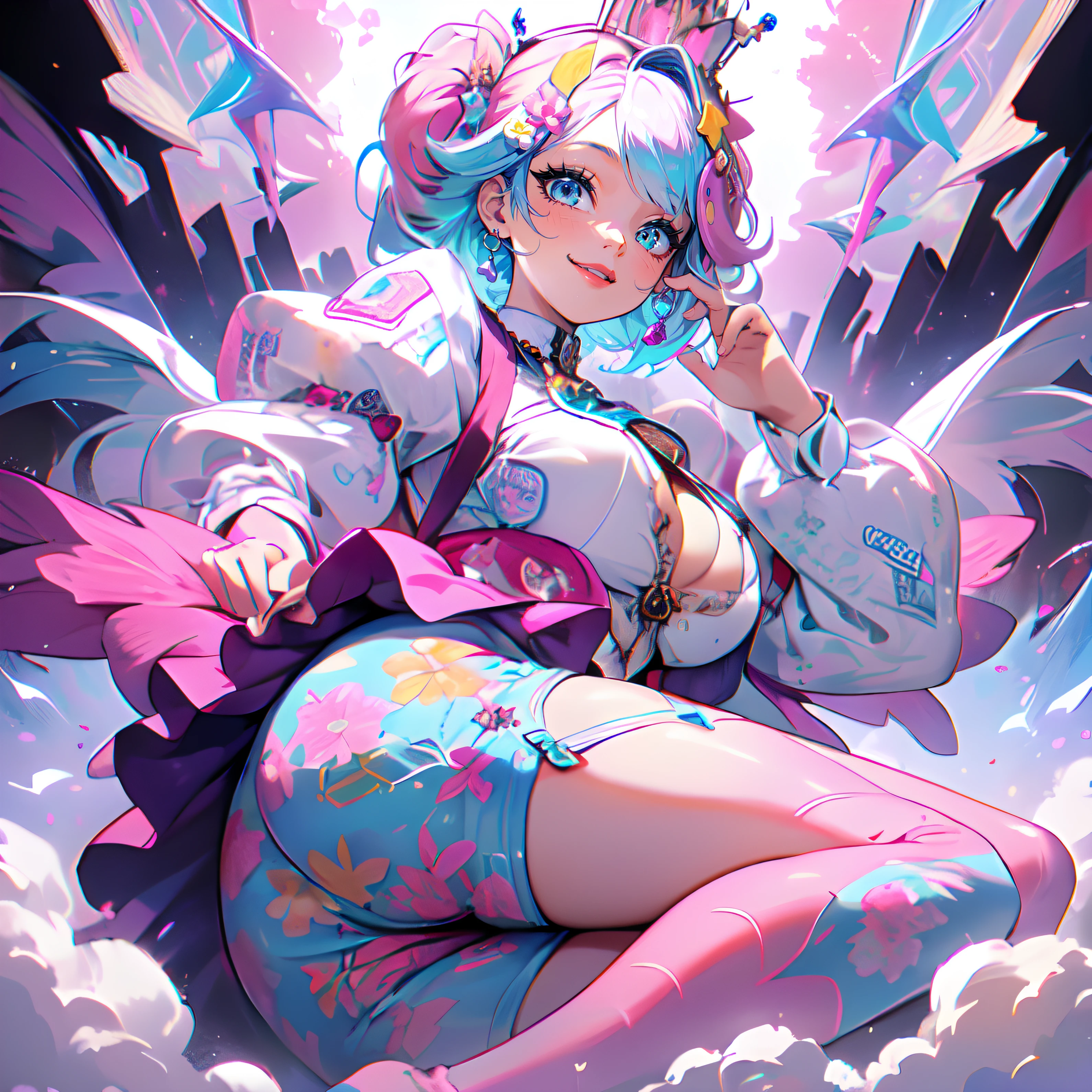 ((Jewelry crown)),Contemporary art born from traces of colorful gemstones、Princess Dresses、masterpiece、ultra-detailliert、pop-art、innocent smiles、eye glass、(1 girl, Solo:1.6),(Cute smile), (Best Impact:1.5), (maximalism:1.7), Vivid contrast, (Realistic), hyperrealistic illustrations, hight resolution, ultra-detailliert, absurderes,(Fractal Art:1.3), hairstyle、 hair color colorful、FULL BODYSHOT、Retro、Precise focus、randome pose、cinema4d、Drama, kawaii, cute, adorable woman with pink, yellow, and baby blue color scheme. She is dressed in sky-themed clothes made out of clouds and sky motifs. Her outfit is fluffy and soft, with decora accessories like hairclips. She embodies the vibrant and trendy Harajuku fashion style." horns, demon wings, big boobs,big ass, big lips, juicy lips, huge hair, smile, short hair with buns