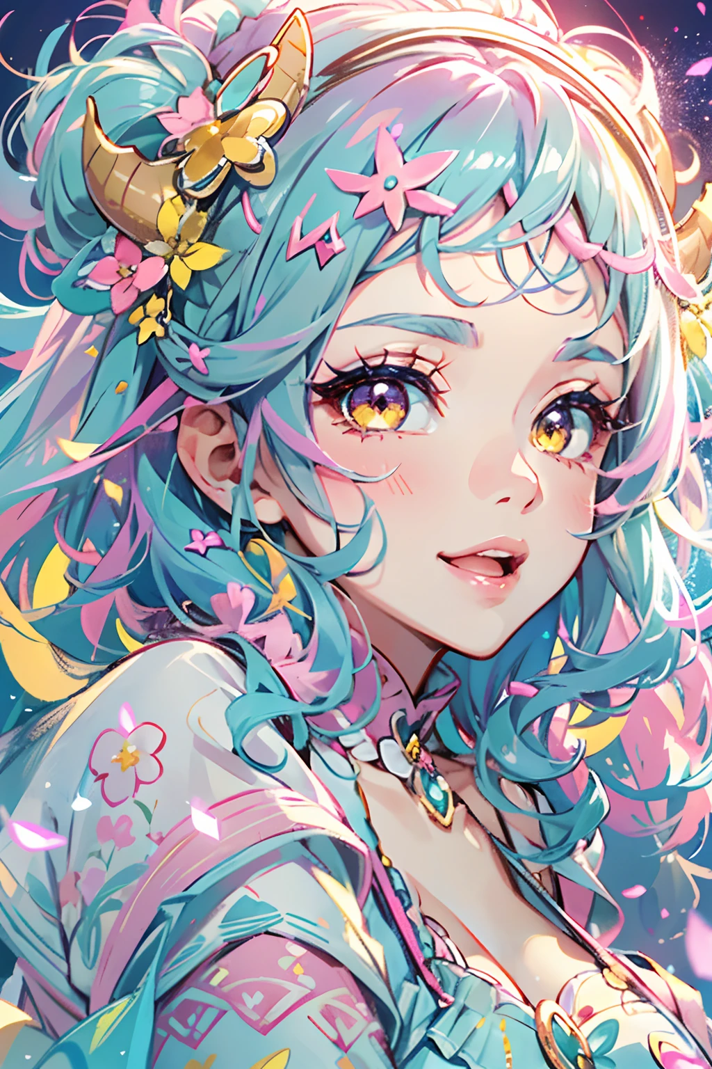 rainbow eyes,beautiful as a fairy,A melancholy expression that stirs affection,side face,floating hair,light particles,glare,vivid,fancy,dreamlike,a dim atomshpere, kawaii, cute, adorable woman with pink, yellow, and baby blue color scheme. She is dressed in sky-themed clothes made out of clouds and sky motifs. Her outfit is fluffy and soft, with decora accessories like hairclips. She embodies the vibrant and trendy Harajuku fashion style." horns, demon wings, big boobs,big ass, big lips, juicy lips, huge hair, smile, short hair with buns, yellow eyes, kneeling on floor, boob squish, ahegao, sexy, in heat