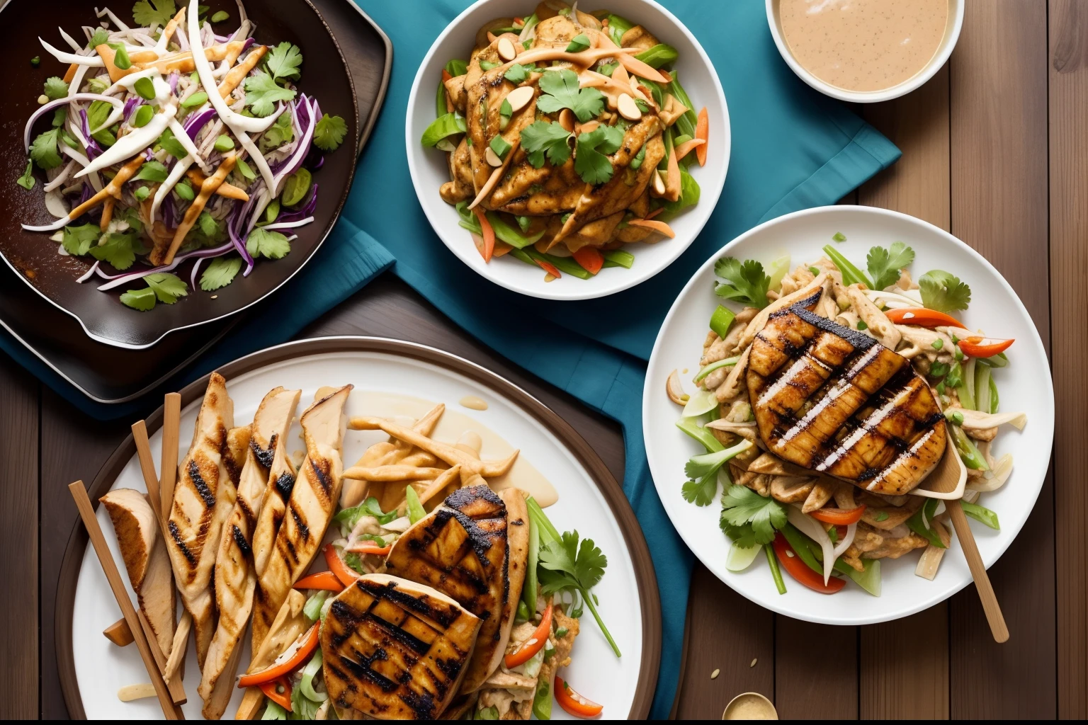 Almond butter chicken satay with Asian slaw, humble chicken thigh is chargrilled and slathered in a creamy, rich satay sauce, food photography