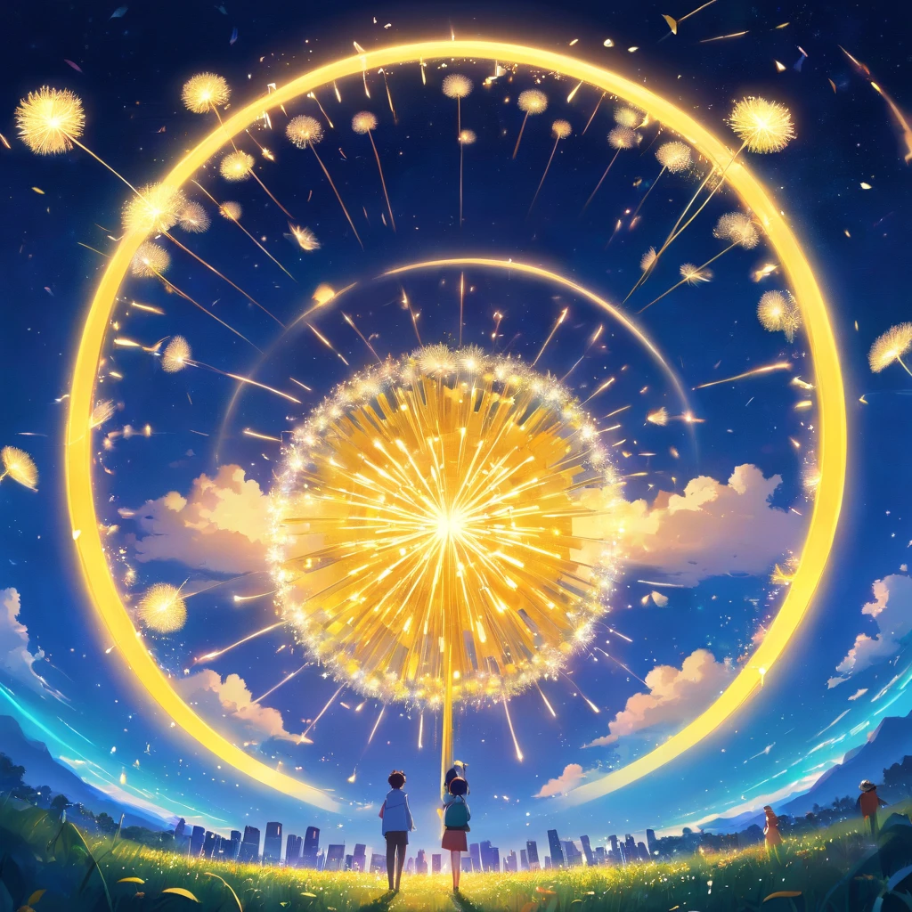 Draw a mind thinking about eternity and consciousness with beautiful and angelic faces, illuminating. Psychedelic neon signs and glowing drawings symbolize music as a source of light and knowledge. Within a circle,Dandelion plants and their seeds fly over the sheet music, music instrument, The notes seem to unfold vividly. About fractions, The notes come in the form of small dandelion seeds floating in the air,Symbolizes inspiration and creativity.. Below the center circle, You can see silhouettes of people of different ages and cultural backgrounds, All are united by their love and passion for music, Music as a guide and teacher