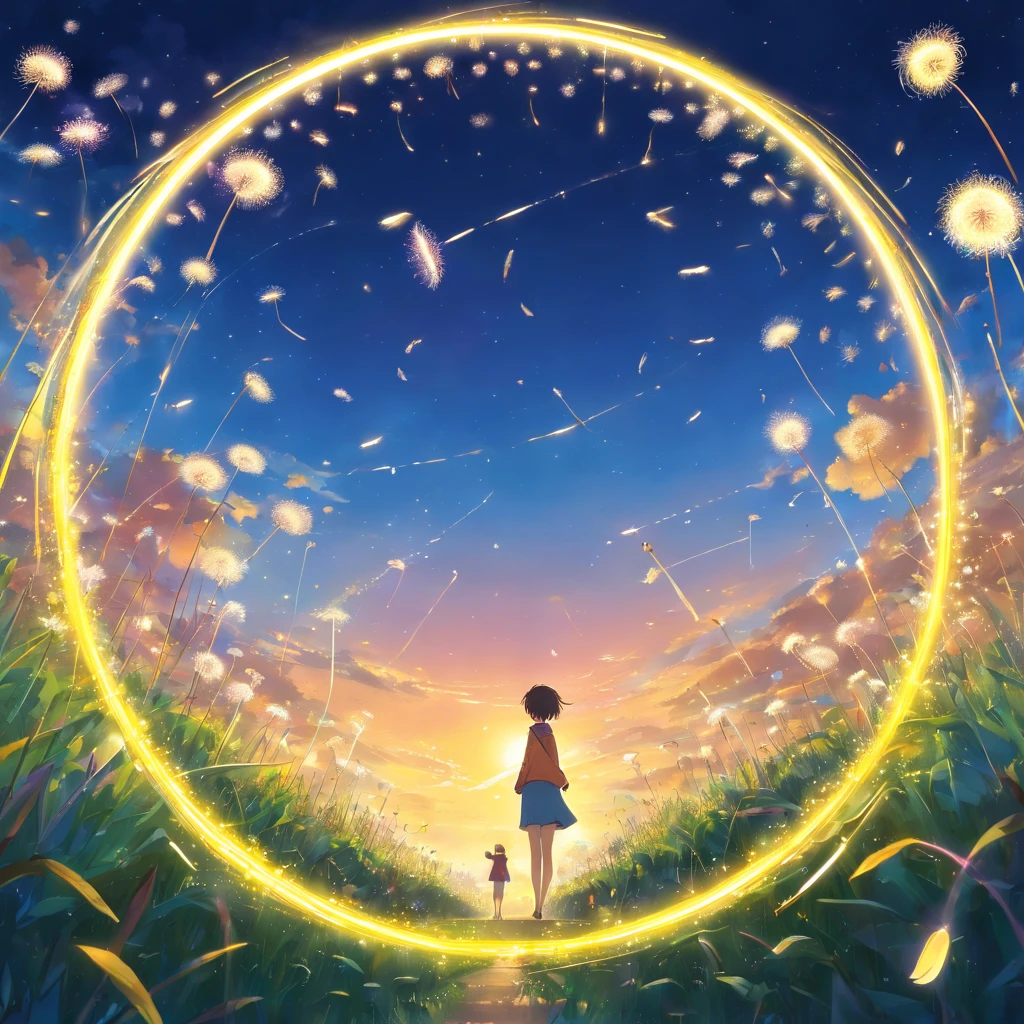 Draw a mind thinking about eternity and consciousness with beautiful and angelic faces, illuminating. Psychedelic neon signs and glowing drawings symbolize music as a source of light and knowledge. Within a circle,Dandelion plants and their seeds fly over the sheet music, music instrument, The notes seem to unfold vividly. About fractions, The notes come in the form of small dandelion seeds floating in the air,Symbolizes inspiration and creativity.. Below the center circle, You can see silhouettes of people of different ages and cultural backgrounds, All are united by their love and passion for music, Music as a guide and teacher