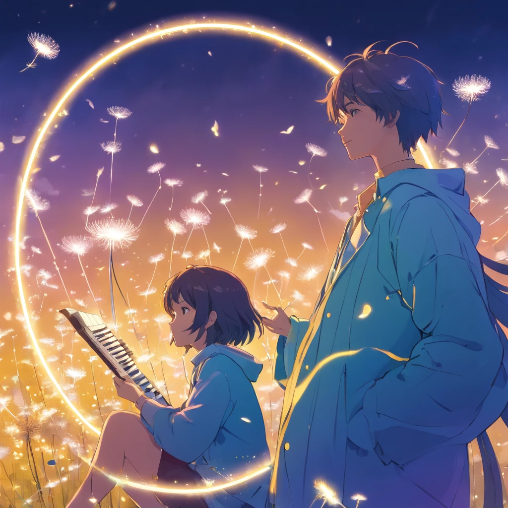 A couple of people sitting on a field with a laptop - SeaArt AI
