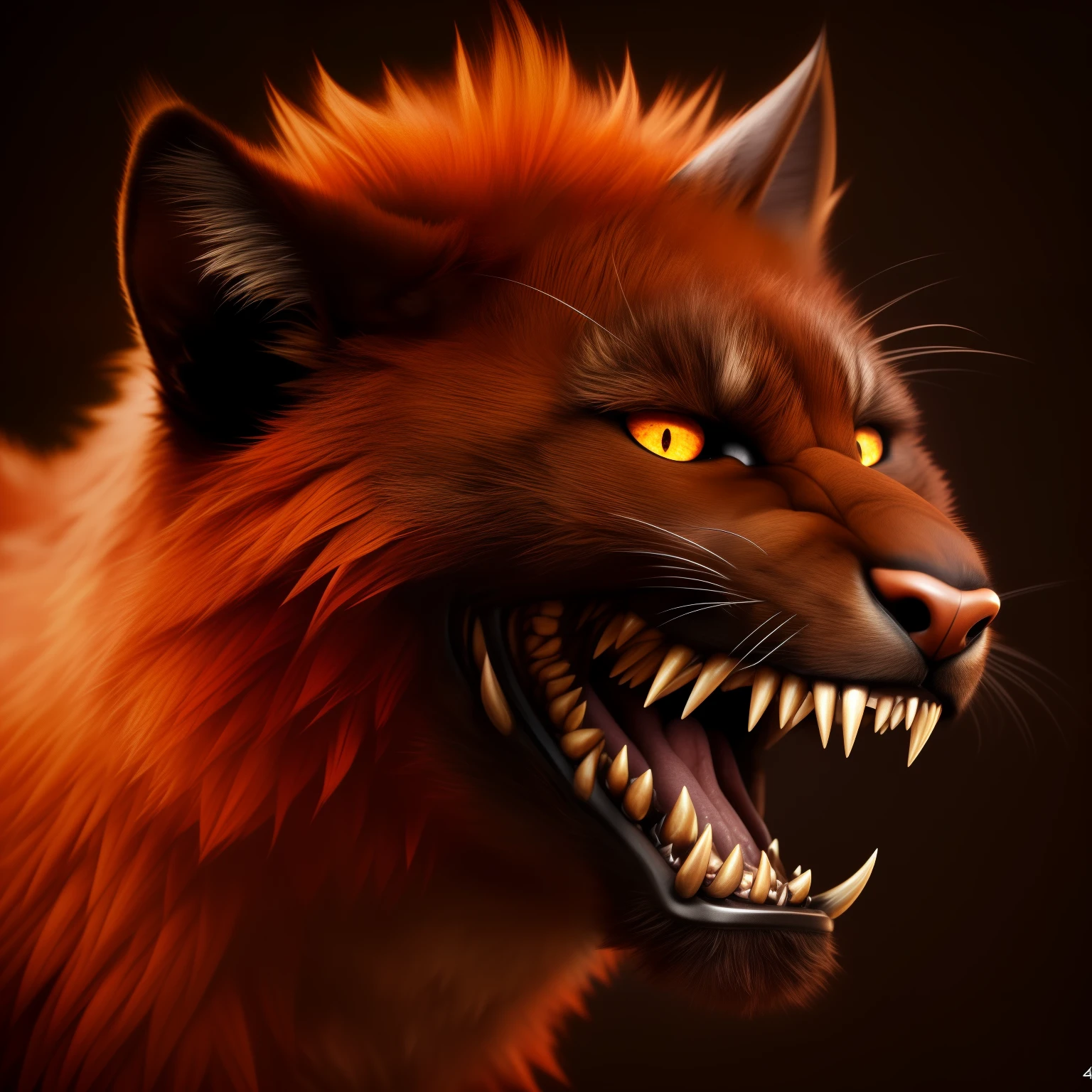 (best quality, 4k, highres, realistic:1.37), orange-colored, furry creature, animated, dark, night, shadows, piercing red eyes, sharp teeth, only the face, furious expression, wild fur