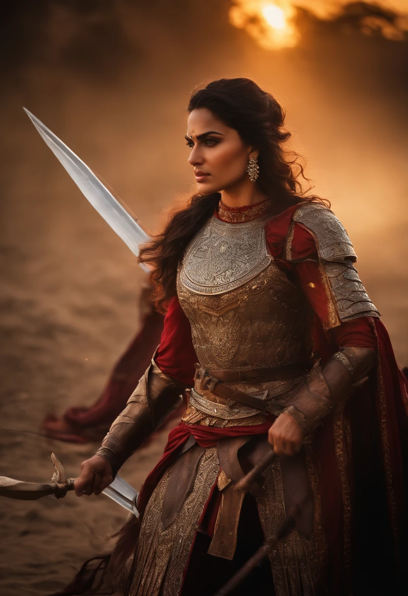 Create an epic battlefield scene where Razia, clad in armor, charges into battle alongside her husband. Swords clash, arrows fly, and chaos reigns. The intensity of the battle is palpable as Razia's fate hangs in the balance, ultimately ending in her defeat.