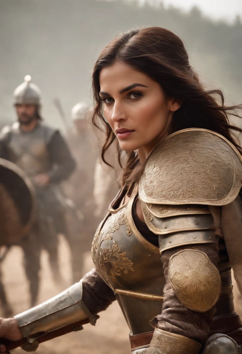 Create an epic battlefield scene where Razia, clad in armor, charges into battle alongside her husband. Swords clash, arrows fly, and chaos reigns. The intensity of the battle is palpable as Razia's fate hangs in the balance, ultimately ending in her defeat.