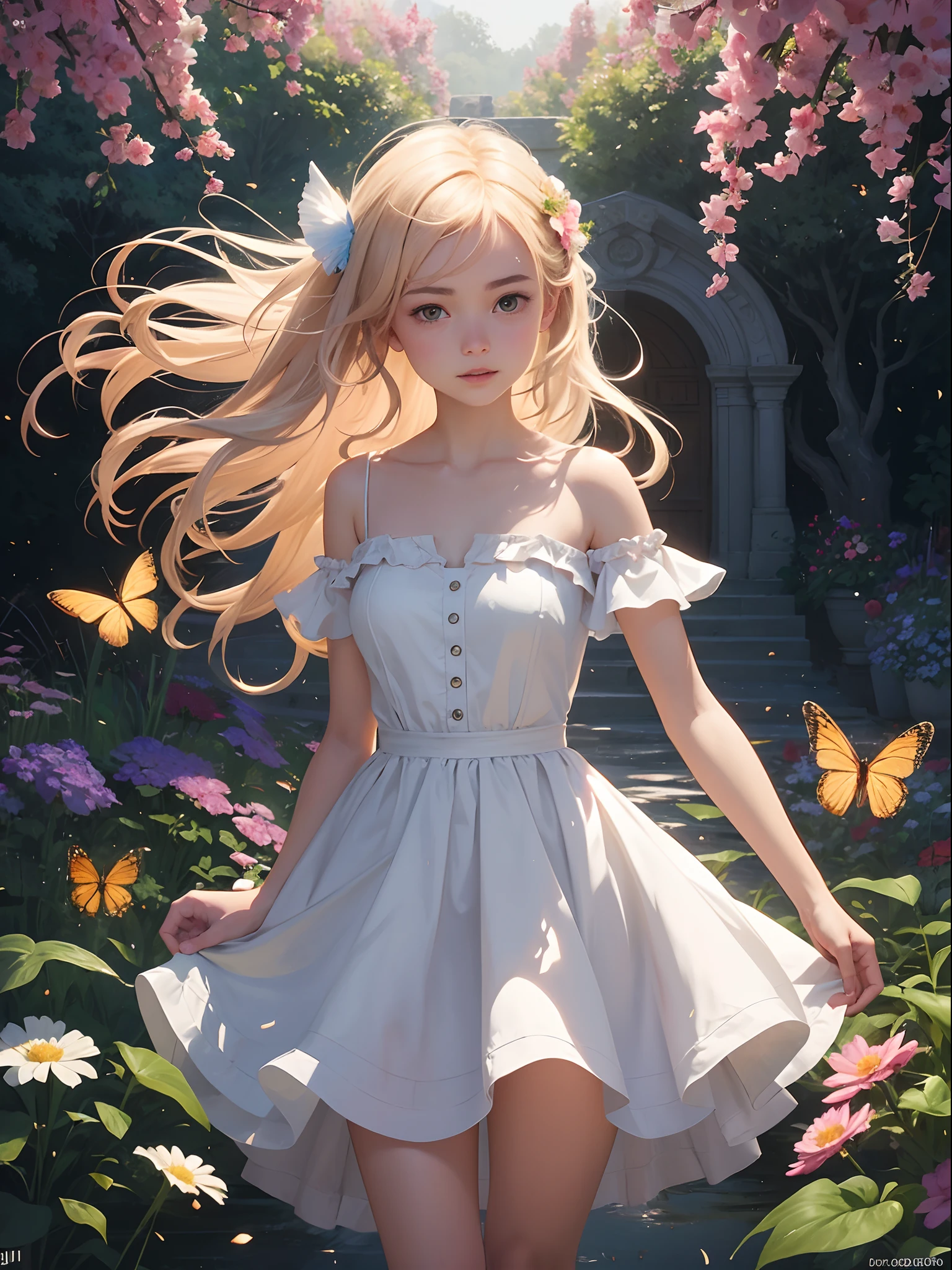 1girl, solo, full body, (masterpiece:1.21), (best quality:1.2), colorful, (illustration:1.2), (cinematic lighting:1.1), (bare shoulders:1.21), (collarbone:1.21) in this whimsical A beautiful and dreamlike garden, the scene is illuminated by a rainbow (colorful fireflies) dancing in the air. Pastel (drizzle) adorns the garden, creating a hazy and ethereal atmosphere. In the center of the picture, stands a single girl, an extremely beautiful girl, with lovely facial features and an innocent expression. Her long hair fluttered in the wind. She wore a low-cut strapless dress that accentuated her curves. The lighting is very delicate and beautiful, creating a soft warm glow that accentuates the water and makes it sparkle like a diamond. The finest grasses are also illuminated to create a lush carpet. The garden is surrounded by colorful flower fields with flowers of all colors and shapes. Various colors and sizes (coloured butterflies) can be seen flying around the scene, adding to the overall sense of wonder and magic. (Everyone, judges), a blush can be seen on the bridge of the nose, and the mouth is slightly opened, which adds to the overall sense of innocence and youth. Falling petals can be seen waving around her, adding to the overall sense of romance and beauty. The breeze is blowing, the leaves are rustling, and the flowers are swaying, adding to the overall dynamism and vitality. It is a scene of pure wonder and magic, full of color and beauty, where the viewer can lose themselves in this enchanting and captivating world.