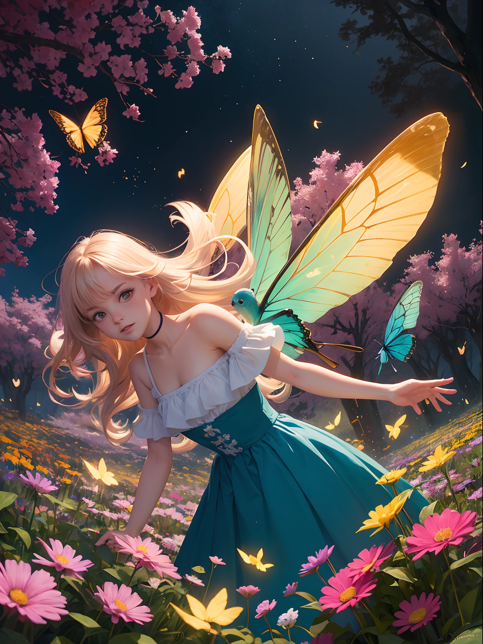 1girl, solo, full body, (masterpiece:1.21), (best quality:1.2), colorful, (illustration:1.2), (cinematic lighting:1.1), (bare shoulders:1.21), (collarbone:1.21) in this whimsical A beautiful and dreamlike garden, the scene is illuminated by a rainbow (colorful fireflies) dancing in the air. Pastel (drizzle) adorns the garden, creating a hazy and ethereal atmosphere. In the center of the picture, stands a single girl, an extremely beautiful girl, with lovely facial features and an innocent expression. Her long hair fluttered in the wind. She wore a low-cut strapless dress that accentuated her curves. The lighting is very delicate and beautiful, creating a soft warm glow that accentuates the water and makes it sparkle like a diamond. The finest grasses are also illuminated to create a lush carpet. The garden is surrounded by colorful flower fields with flowers of all colors and shapes. Various colors and sizes (coloured butterflies) can be seen flying around the scene, adding to the overall sense of wonder and magic. (Everyone, judges), a blush can be seen on the bridge of the nose, and the mouth is slightly opened, which adds to the overall sense of innocence and youth. Falling petals can be seen waving around her, adding to the overall sense of romance and beauty. The breeze is blowing, the leaves are rustling, and the flowers are swaying, adding to the overall dynamism and vitality. It is a scene of pure wonder and magic, full of color and beauty, where the viewer can lose themselves in this enchanting and captivating world.