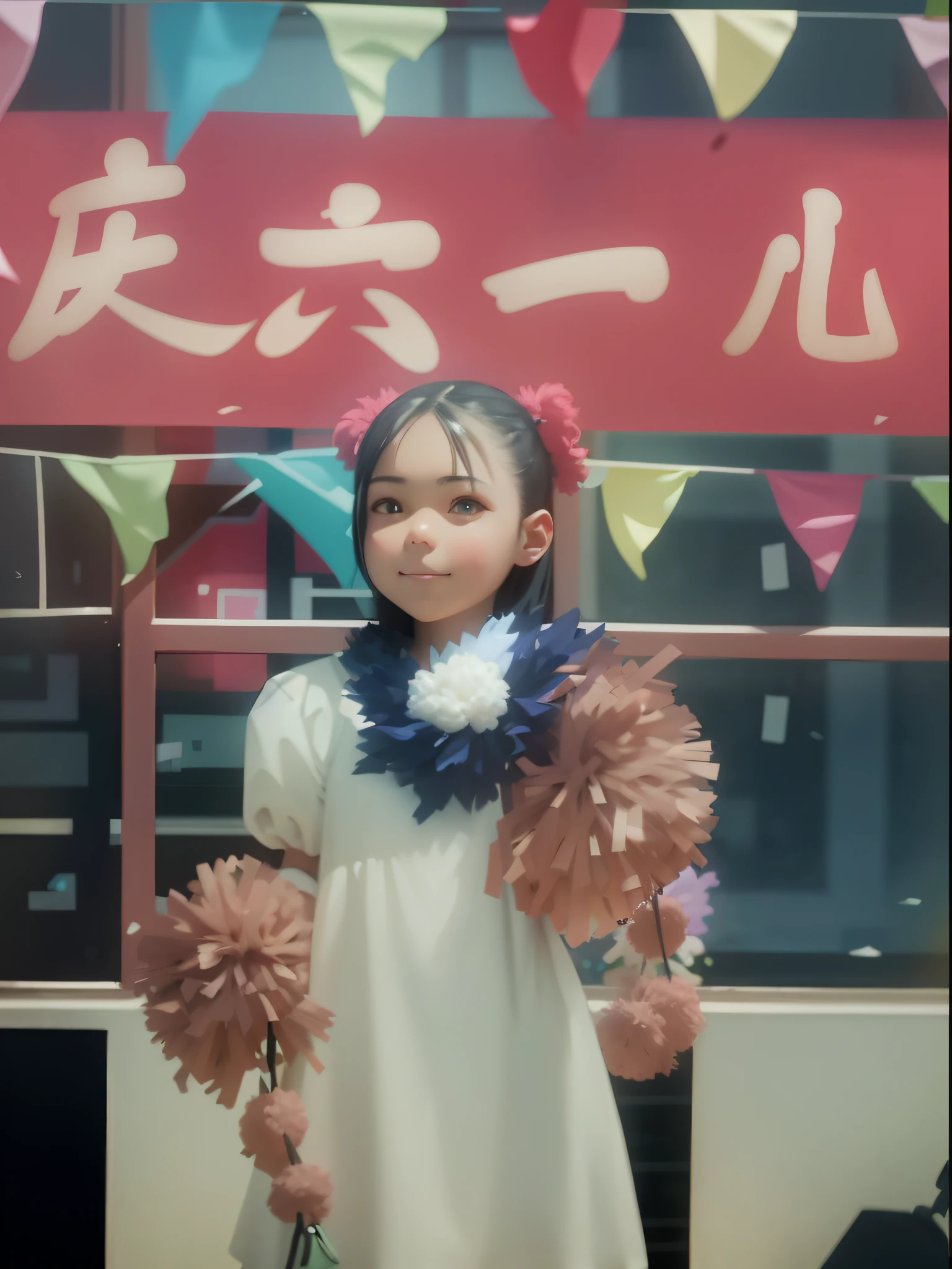 there is a young girl standing in front of a window holding a pom poms, In the daytime, detailed hair, Moody light, dark black hair,light particules,smiling face,Brilliant, anime style, 3d cartoon
