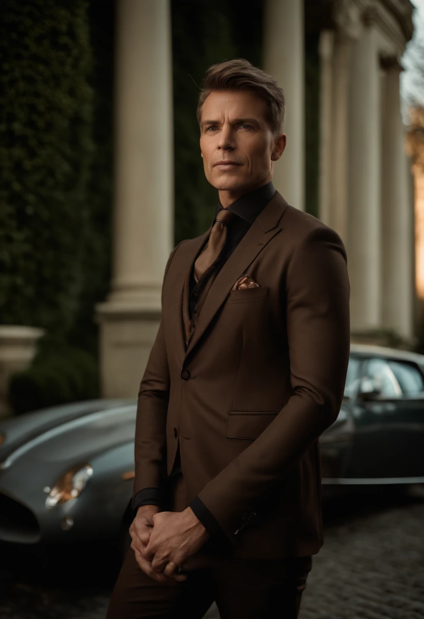 corps entier, wide-angle photo close-up portrait of the body of a handsome man , Grand et en forme, (40 ans:1.1), (shaven:1.2) , (very short brown hair:1.5),(very short hair:1.6). Dark brown tight velvet suit, (La veste a des motifs de fleurs noires:1.2). (posing outside the mansion with a luxury car:1.1), crowded street with cafes in the distance, Cold and dark sunset at dusk, (Edge Light:1.1),(Concentrez-vous sur les yeux), (angry look), (hard light on the skin:1.2), (ombres dures, dark themed, Contraste profond:1.1), (photographie de portrait par Annie Liebovitz), Dark mint theme and choral aesthetics, (skin imperfections)