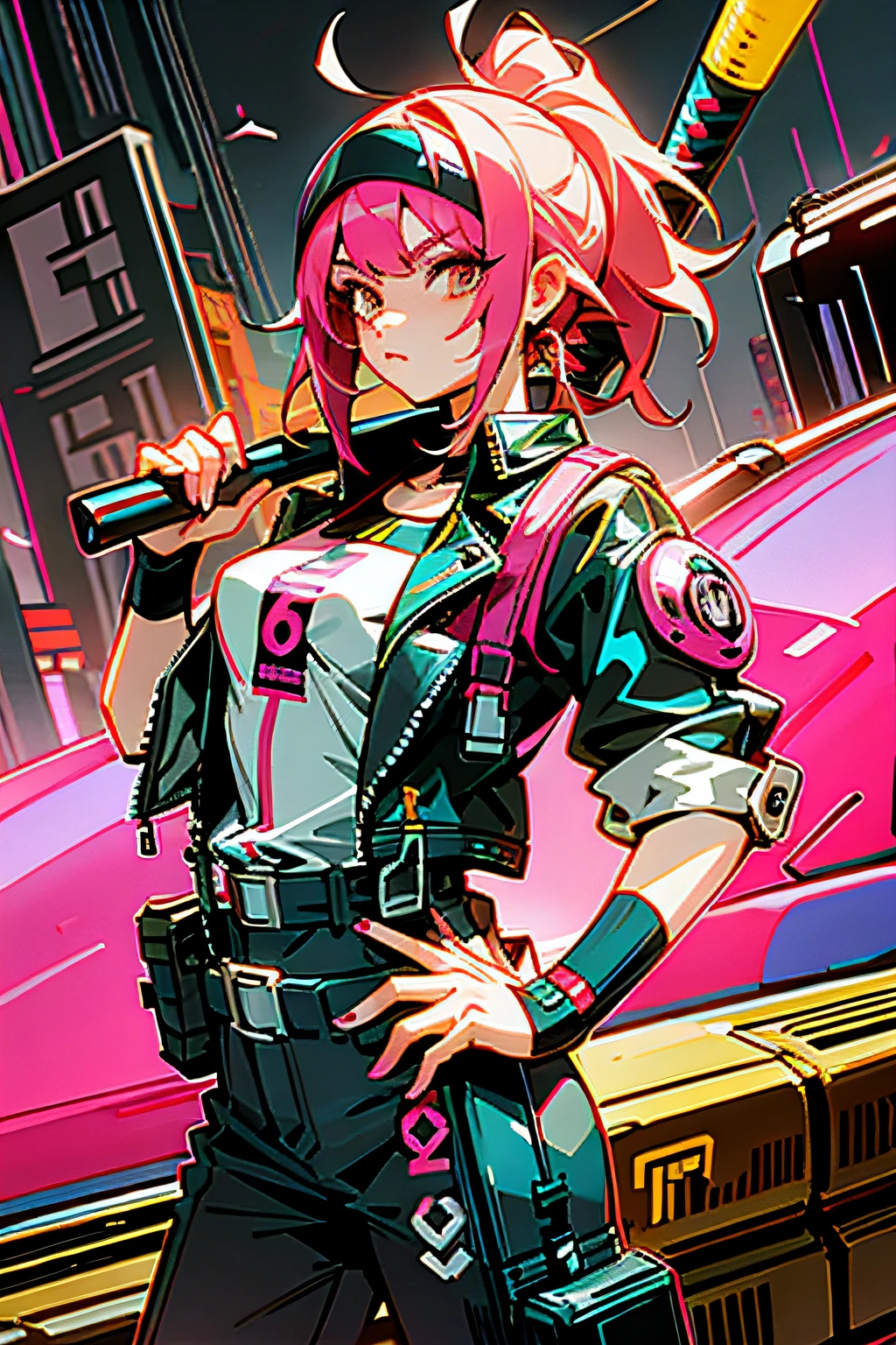 anime girl swinging baseball bat standing in front of a pink car, metal baseball bat, spiked baseball bat, modern cyberpunk anime, cyberpunk art style, anime cyberpunk art, cyberpunk anime art, digital cyberpunk anime art, digital cyberpunk - anime art, cyberpunk anime girl, cyberpunk artstyle, female protagonist, female protagonist 👀 :8, female cyberpunk anime girl, neonpunk, in cyberpunk style