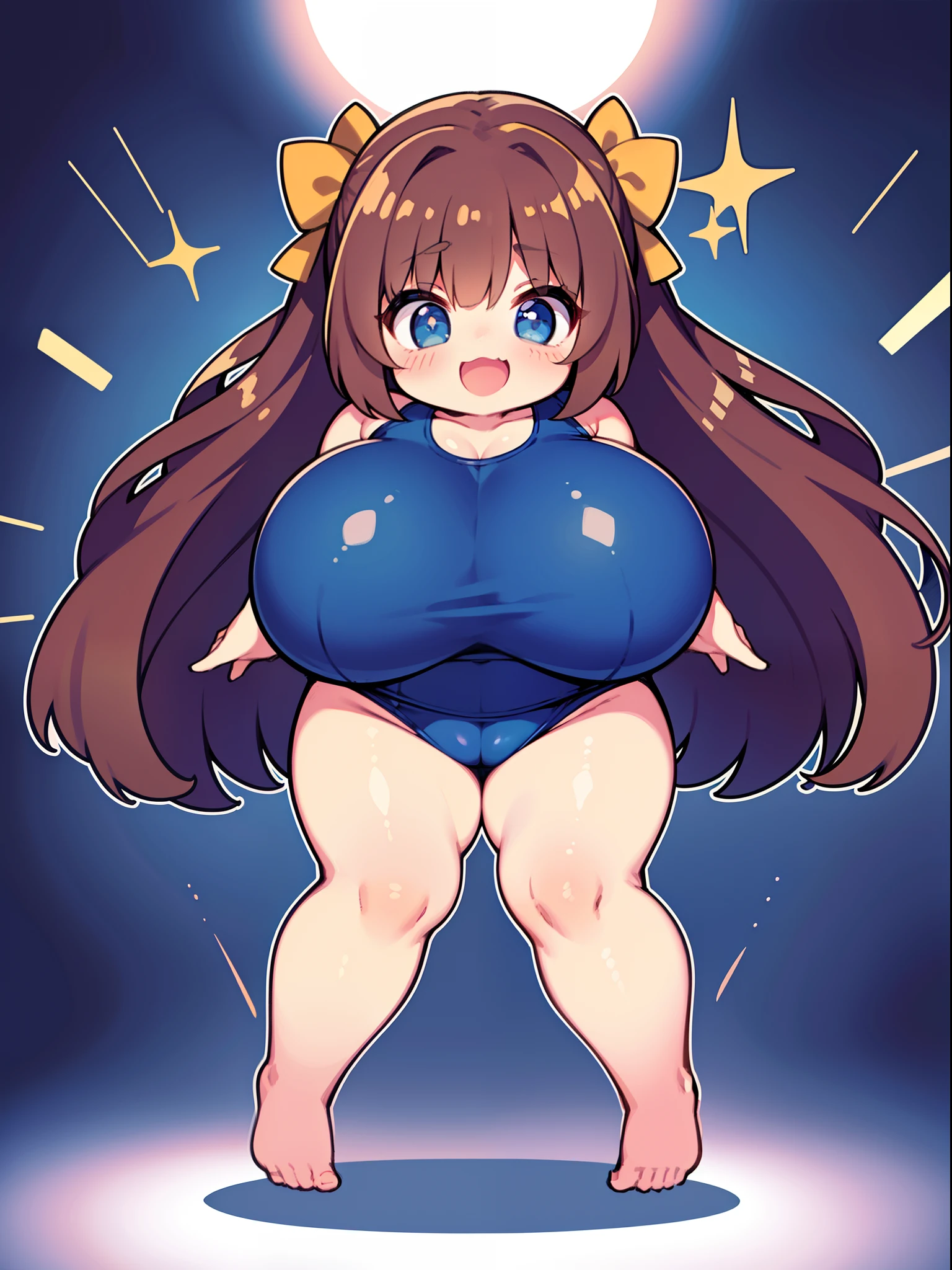 Infinitely cute, Rounded chubby girl , with lush brown hair, Very small stature, abnormally huge breasts, Hyperstrength, cheerful, active, Without complexes, Always without underwear, Shameless, sexually liberated, mischievous, Wide joyful smile, laughter, big eyes, Beaming with enthusiasm, long eyelashes, in a one-piece closed school swimsuit , full body photography, Anatomical realism, max detail, high quality textures