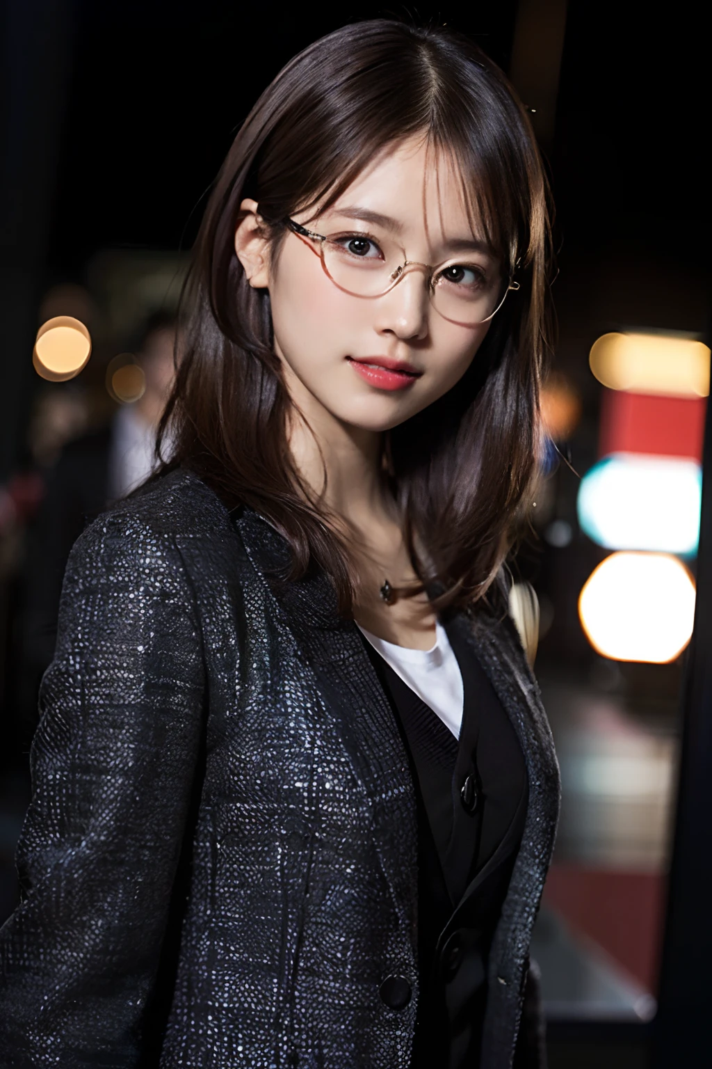 (8K、Raw photography、top-quality、masterpiece:1.2)、(realisitic、Photorealsitic:1.37)、ultra-detailliert、超A high resolution、1人、see the beholder、beautifull detailed face、A smile with a little visible teeth、Constriction、(Slim waist) :1.3)、((Wearing a suit))、Beautiful detailed skin、Skin Texture、Floating hair、((Easy-to-move hairstyle))、large breasts with good shape、Professional Lighting、Autumn twilight、In front of the station、(((Black square glasses )))、Whole human body、Black hair、((Shameful appearance))、