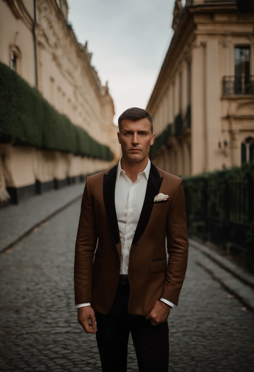 full bodyesbian, Close-up portrait of a wide angle photo of a handsome man's body , Tall，Fit and fit, (40 years:1.1), (Shaved:1.2) , (very short brown hair:1.5),(Very short hair:1.6). Dark brown skinny velvet suit, (The jacket has a black flower pattern:1.2). (Outside the mansion with luxury cars:1.1), crowding street，Cafes in the distance, Cold and dark sunset at dusk, (Edge light:1.1),(focused on the eyes), (angry look), (Hard light on the skin:1.2), (hard shadows, dark themes, Depth contrast:1.1), (Portrait photography by Anne Liebowitz), Dark mint theme and choral aesthetic, (skin blemish)