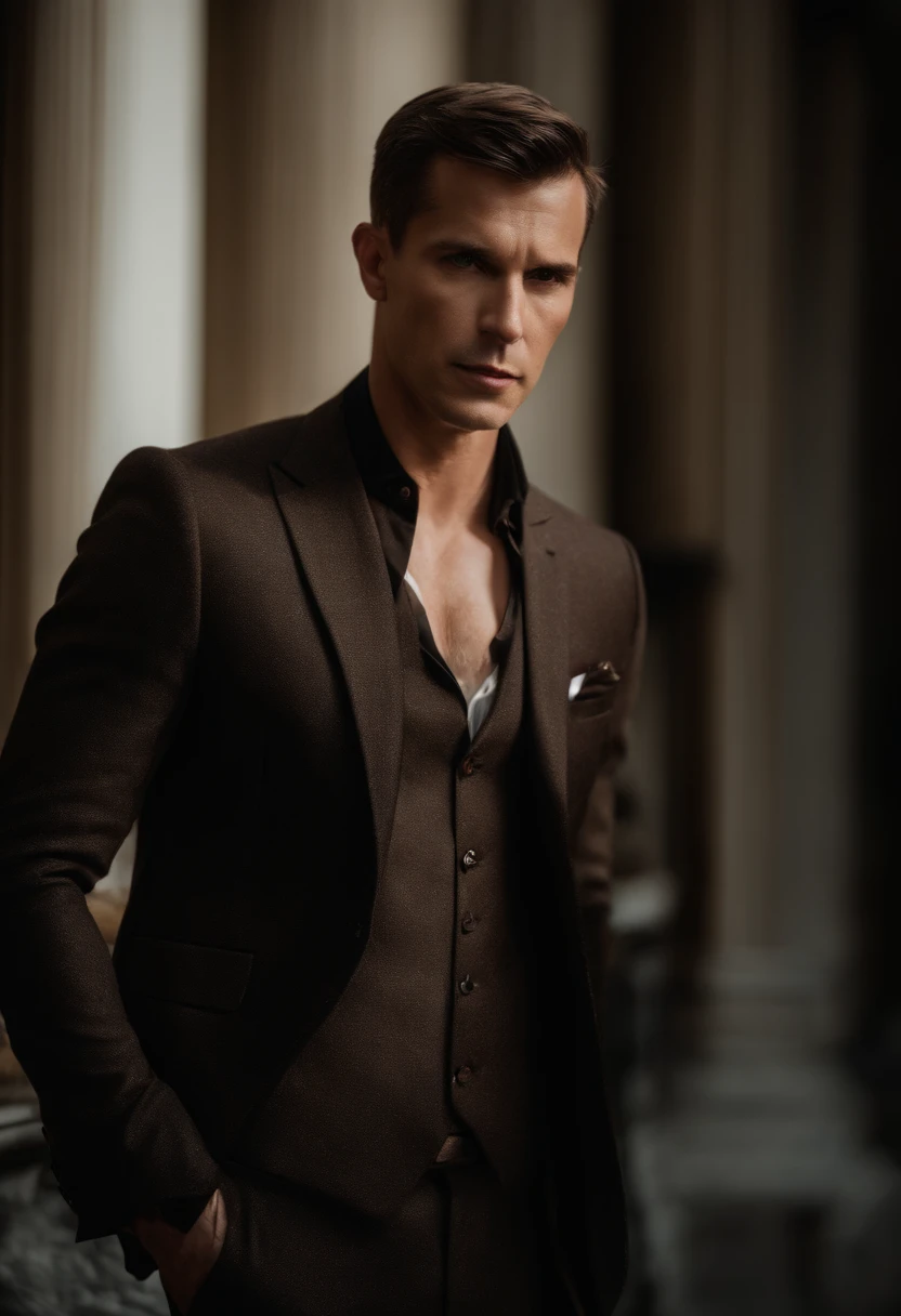 full bodyesbian, Close-up portrait of a wide angle photo of a handsome man's body , Tall,Fit and fit, (40 years:1.1), (Shaved:1.2) , (very short brown hair:1.5),(Very short hair:1.6). Dark brown skinny velvet suit, (The jacket has a black flower pattern:1.2). (Outside the mansion with luxury cars:1.1), crowding street,Cafes in the distance, Cold and dark sunset at dusk, (Edge light:1.1),(focused on the eyes), (angry look), (Hard light on the skin:1.2), (hard shadows, dark themes, Depth contrast:1.1), (Portrait photography by Anne Liebowitz), Dark mint theme and choral aesthetic, (skin blemish)