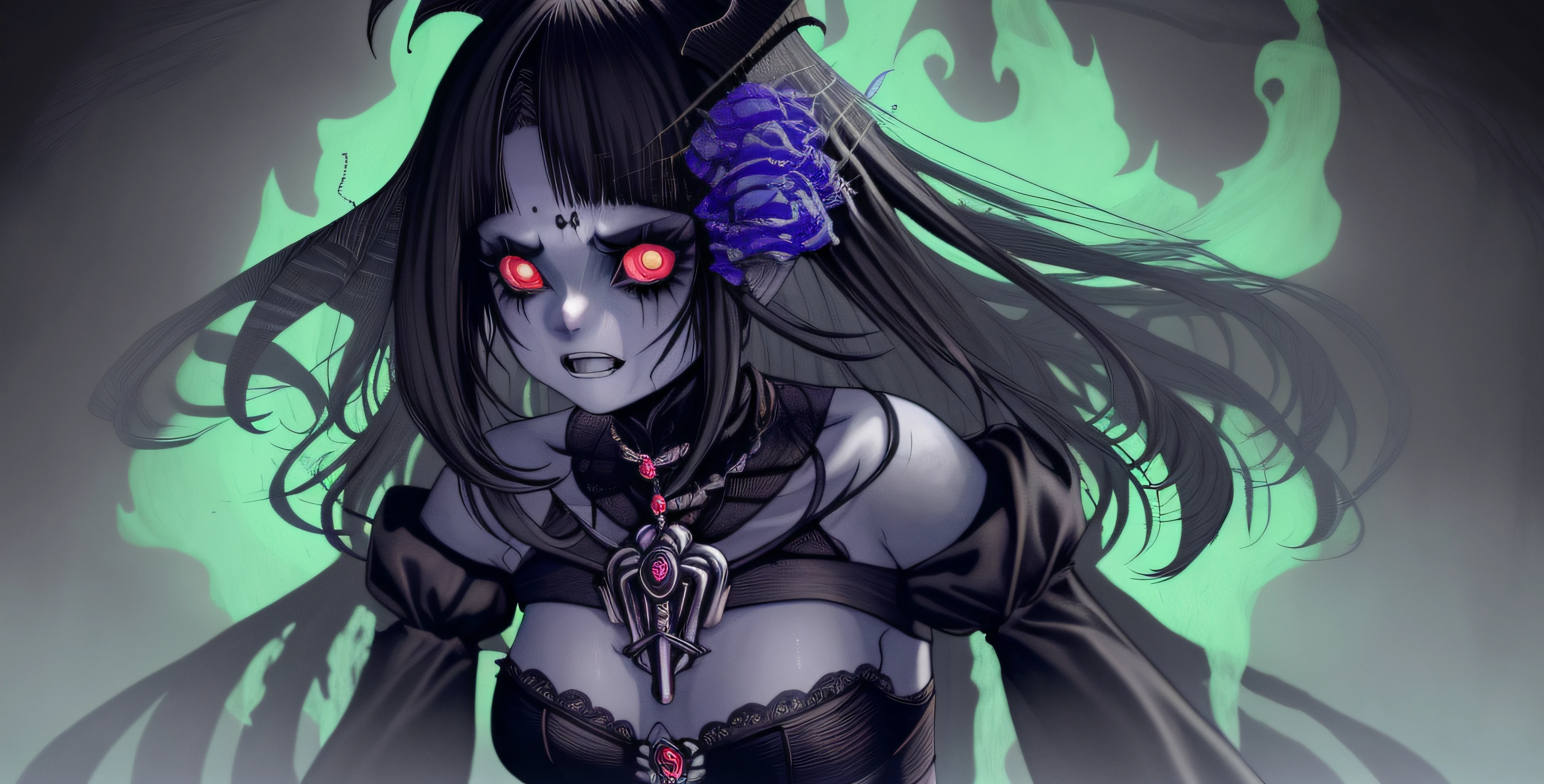 Solo, female, tangled hair, messy hair, long black hair, decay, sickly skin, ((prominent veins)), pulsating veins, undead, glowing eyes, green eyes, statuesque build, unnatural twisting:1.2, large breasts, narrow hips, claws, elongated arms, thick serpentine tail, barbed hook tail, dark aura:0.5, alluring, Egyptian, curtain, tomb, candles, indoors, ghoul, ((white bandages)), seriously decaying, yandere smile, ((sickly face)), disfigured, broken joints, pinup pose