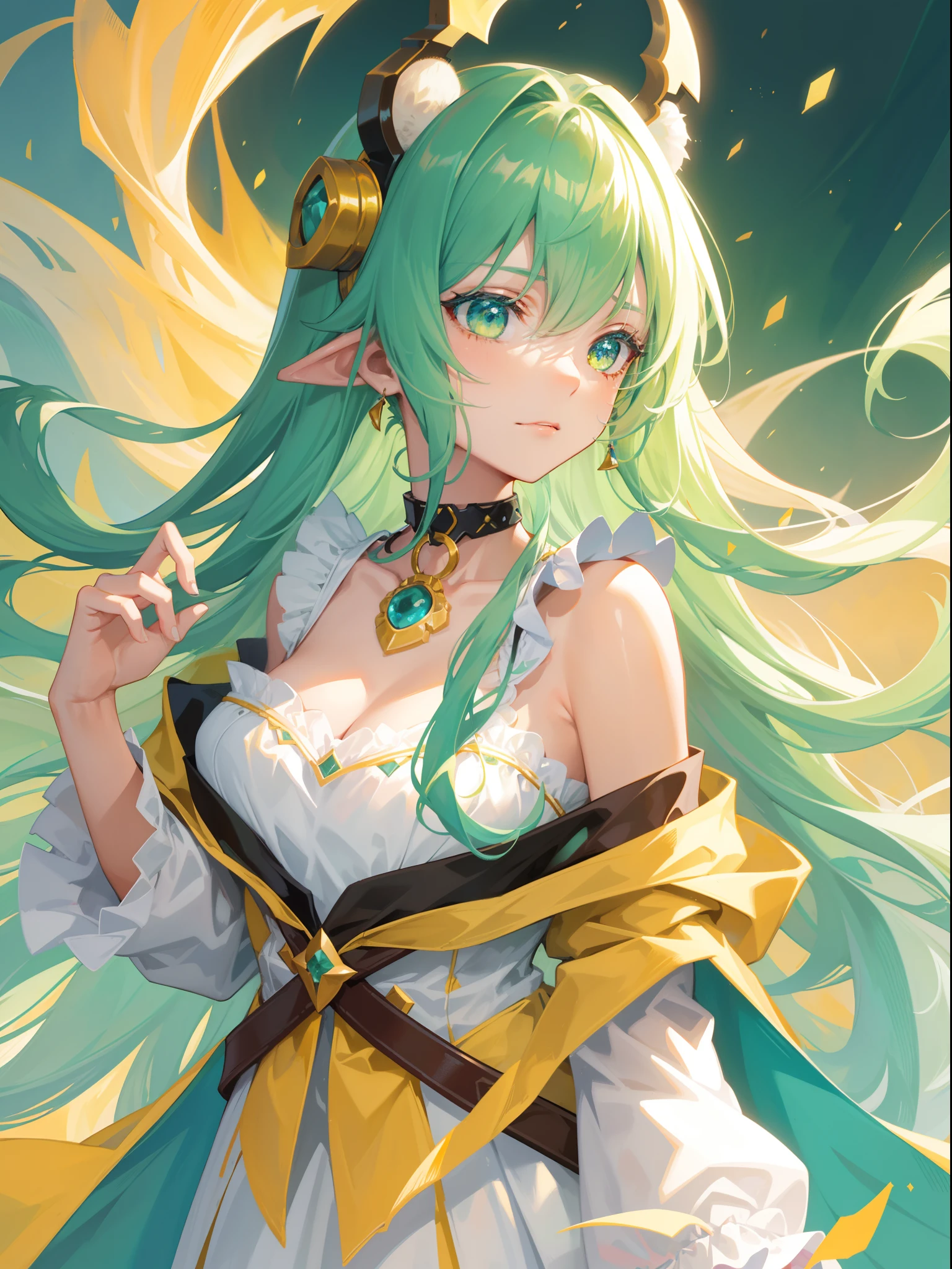 (Very good image quality), ((1 europian girl)), (in the center:1.4), cute girl, 16 years old, Emerald green hair, long twin tails hair, back braid, low braid, bangs covering one eye, white veil, beret, silver tiara, brown eyes,(medium breasts:1.3), black blindfold, (chain) (bracelet with chain), (leg rings with chains)(chain connected to the wall), fully extended arms, fully extended legs, magical girl, off-shoulder, Kimono over bikini,pleated skirt, spreading skirt, bikini that can be worn inside, lace fabric bikini, black bikini, garter belt, Thigh-high socks, exhaustion, blushing, sweatyumekawa,yumekawaii,pastel color,(wonderland garden:1.3),rainbow waterfall,dripping ink,imagination,(Castle:1.4),