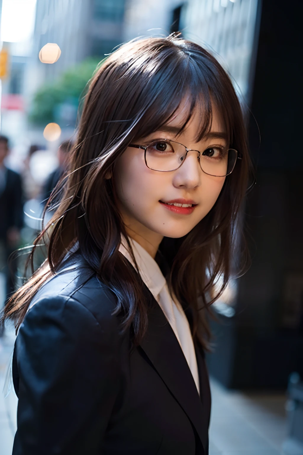(8K、Raw photography、top-quality、masterpiece:1.2)、(realisitic、Photorealsitic:1.37)、ultra-detailliert、超A high resolution、1人、see the beholder、beautifull detailed face、A smile with a little visible teeth、Constriction、(Slim waist) :1.3)、((Wearing a suit))、Beautiful detailed skin、Skin Texture、Floating hair、((Easy-to-move hairstyle))、large breasts with good shape、Professional Lighting、Autumn twilight、In front of the station、(((Black square glasses )))、Whole human body、Black hair、((Shameful appearance))、