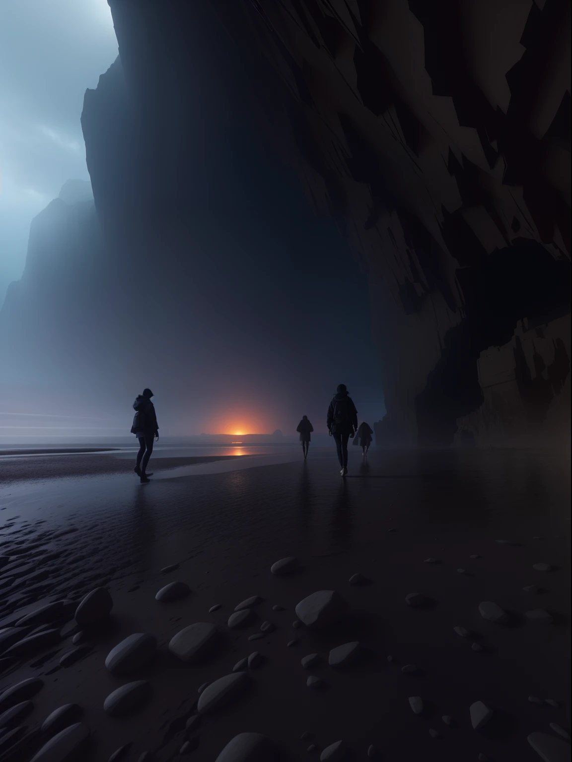 People walking on the beach,The background is a car, otherworldly visuals, cave exploration, depicted as a scifi scene, by jessica rossier, Look at a mysterious cave, inspired by jessica rossier, Realism | beeple, highly detailed surreal vfx, all inside an enormous cavern, Beautiful and cinematic lighting, Inside a huge dark cave, cinematic beeple