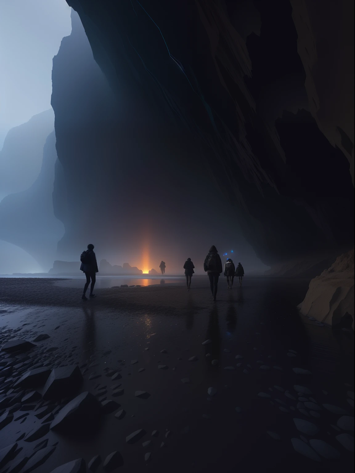 People walking on the beach,The background is a car, otherworldly visuals, cave exploration, depicted as a scifi scene, by jessica rossier, Look at a mysterious cave, inspired by jessica rossier, Realism | beeple, highly detailed surreal vfx, all inside an enormous cavern, Beautiful and cinematic lighting, Inside a huge dark cave, cinematic beeple
