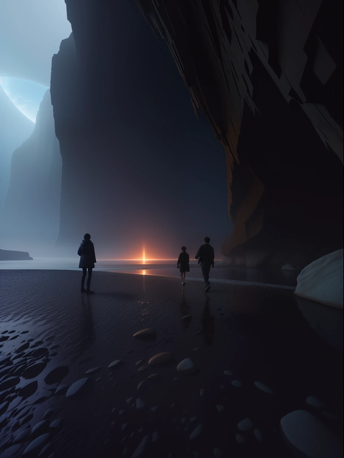 People walking on the beach,The background is a car, otherworldly visuals, cave exploration, depicted as a scifi scene, by jessica rossier, Look at a mysterious cave, inspired by jessica rossier, Realism | beeple, highly detailed surreal vfx, all inside an enormous cavern, Beautiful and cinematic lighting, Inside a huge dark cave, cinematic beeple