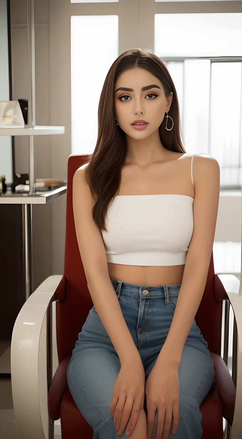 arafed woman sitting in a chair in a salon with a laptop, a portrait inspired by Gina Pellón, instagram, tachisme, violet myers, lorena avarez, olivia culpo, alanis guillen, looks like laura barriales, portrait sophie mudd, tanned ameera al taweel, beautiful mexican woman