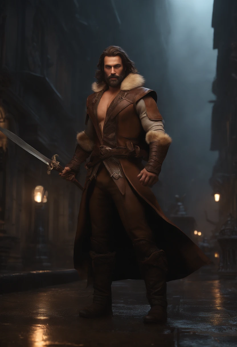 (professional 3d render:1.3) af (Realistic:1.3) most beautiful artwork photo in the world，Features soft and shiny male heroes, ((Epic hero fantasy muscle man rough wet hero angry looking long hair short beard and ferocious expression in dynamic pose, Fantastic location, Majestic cluttered environment)), full body 8k unity render, action  shot, skin pore, very dark lighting, heavyshading, Detailed, Detailed face, (vibrant, photograph realistic, Realistic, Dramatic, Dark, Sharp focus, 8K), (Old leather garments damaged by weathering:1.4), ((((Wear fur)))), (Intricate:1.4), decadent, (Highly detailed:1.4), Digital painting, rendering by octane, art  stations, concept-art, smooth, Sharp focus, illustration, Art germ, (loish:0.23), wlop ilya kuvshinov, and greg rutkowski and alphonse mucha gracias, (Global illumination, Studio light, volumettic light), heavy rain, particles floating, lotr, fantasy, elf, full bodyesbian, ((Dark and ancient city background:1.3)),CGSesociety,art  stations