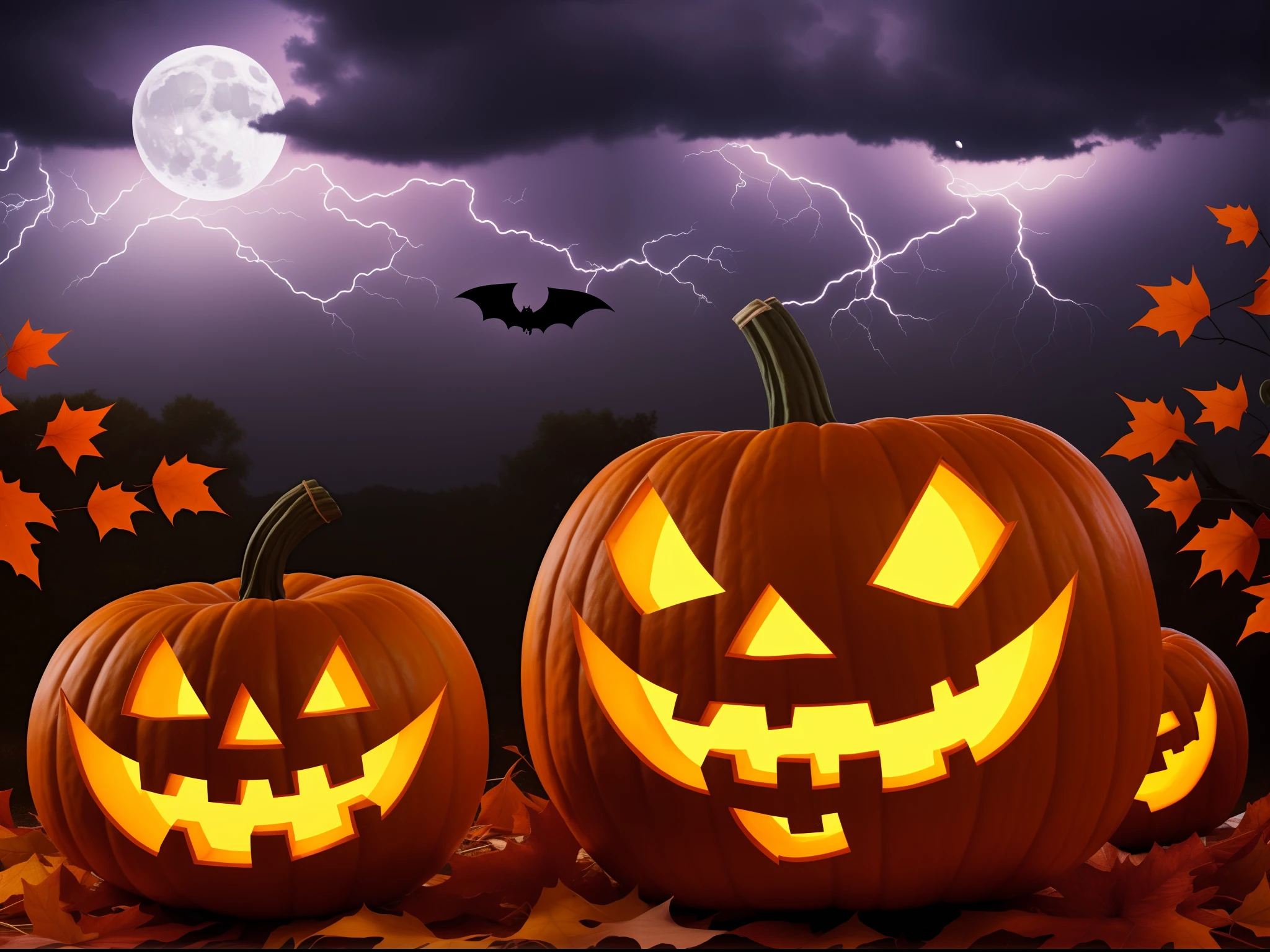 --AR 3:2 --q 2 --v 5.1 a Halloween pumpkin with 2 eyes and mouth. Background with full moon and thunderstorm and bats behind