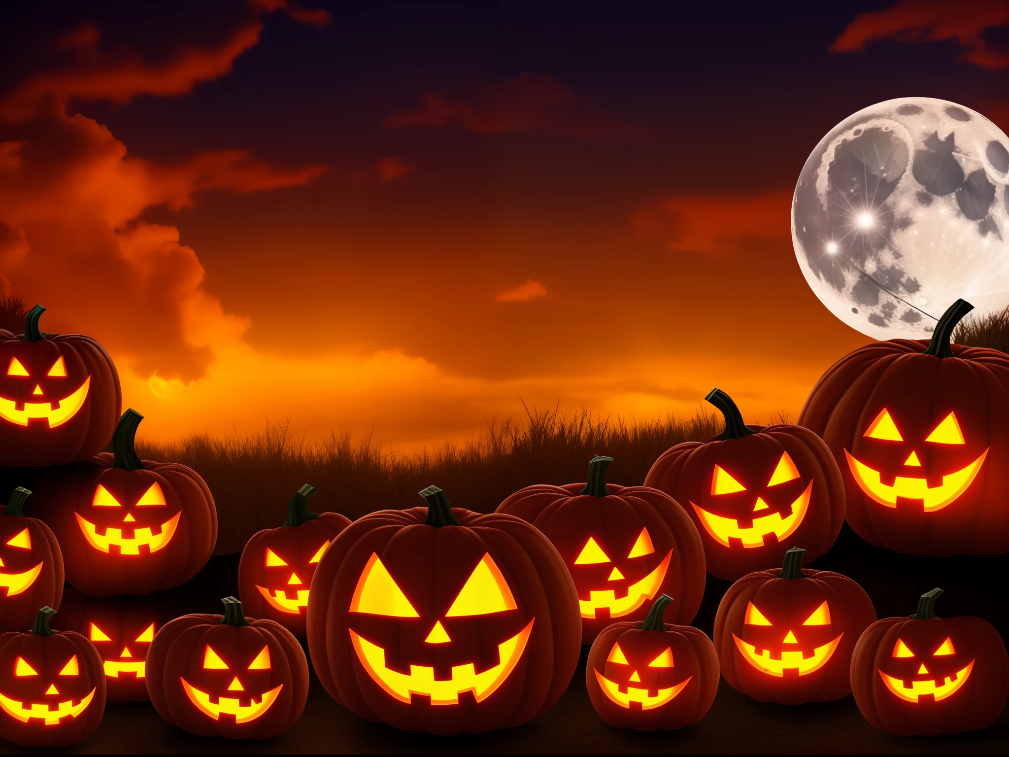 --AR 3:2 --q 2 --v 5.1 a Halloween pumpkin with 2 eyes and mouth. Background with full moon and thunderstorm and bats behind