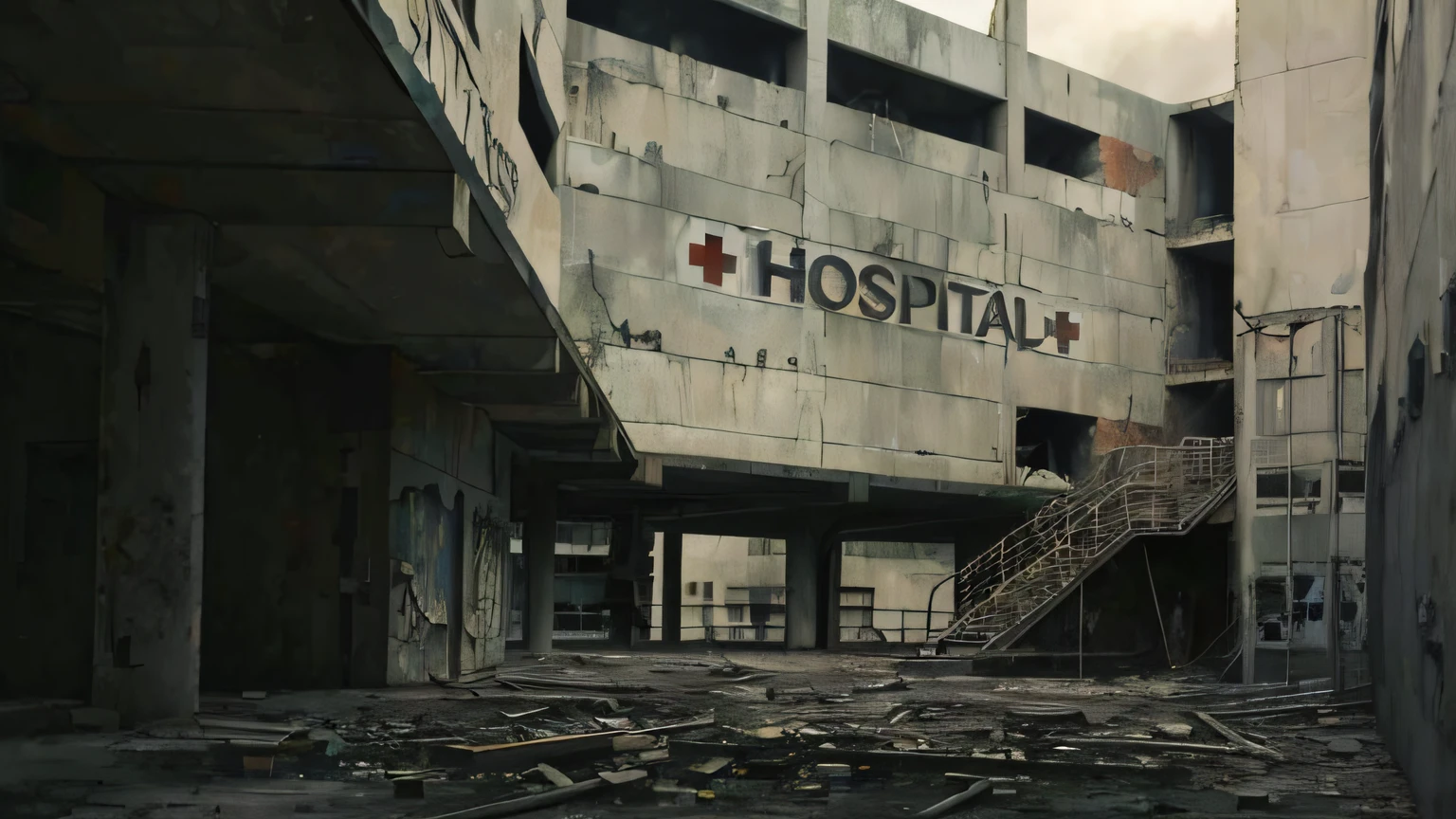 arafed building with a staircase and a sign that says hospital, hospital, abandoned hospital, hospital background, hospital in background, dystopian brutalist atmosphere, hospital!, post apocalyptic building, abandoned buildings, post apocalyptic shopping center, healthcare, “derelict architecture buildings, an abandoned dystopian city, highly detailed horror dystopian, surreal abandoned buildings, urbex photography, interior abandoned hospital