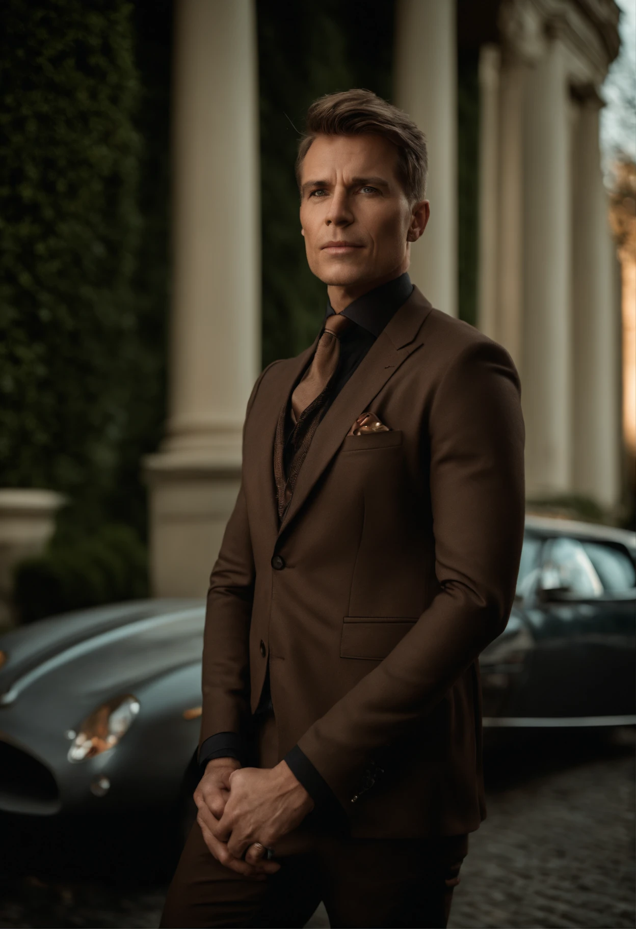 corps entier, wide-angle photo close-up portrait of the body of a handsome man , Grand et en forme, (40 ans:1.1), (shaven:1.2) , (very short brown hair:1.5),(very short hair:1.6). Dark brown tight velvet suit, (La veste a des motifs de fleurs noires:1.2). (posing outside the mansion with a luxury car:1.1), crowded street with cafes in the distance, Cold and dark sunset at dusk, (Edge Light:1.1),(Concentrez-vous sur les yeux), (angry look), (hard light on the skin:1.2), (ombres dures, dark themed, Contraste profond:1.1), (photographie de portrait par Annie Liebovitz), Dark mint theme and choral aesthetics, (skin imperfections)