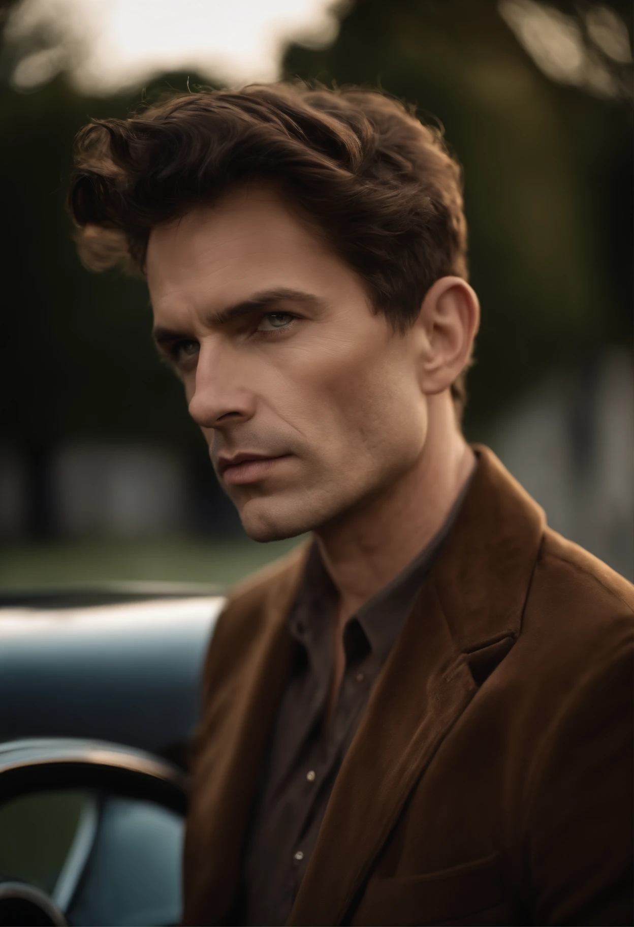 corps entier, wide-angle photo close-up portrait of the body of a handsome man , Grand et en forme, (40 ans:1.1), (shaven:1.2) , (very short brown hair:1.5),(very short hair:1.6). Dark brown tight velvet suit, (La veste a des motifs de fleurs noires:1.2). (posing outside the mansion with a luxury car:1.1), crowded street with cafes in the distance, Cold and dark sunset at dusk, (Edge Light:1.1),(Concentrez-vous sur les yeux), (angry look), (hard light on the skin:1.2), (ombres dures, dark themed, Contraste profond:1.1), (photographie de portrait par Annie Liebovitz), Dark mint theme and choral aesthetics, (skin imperfections)