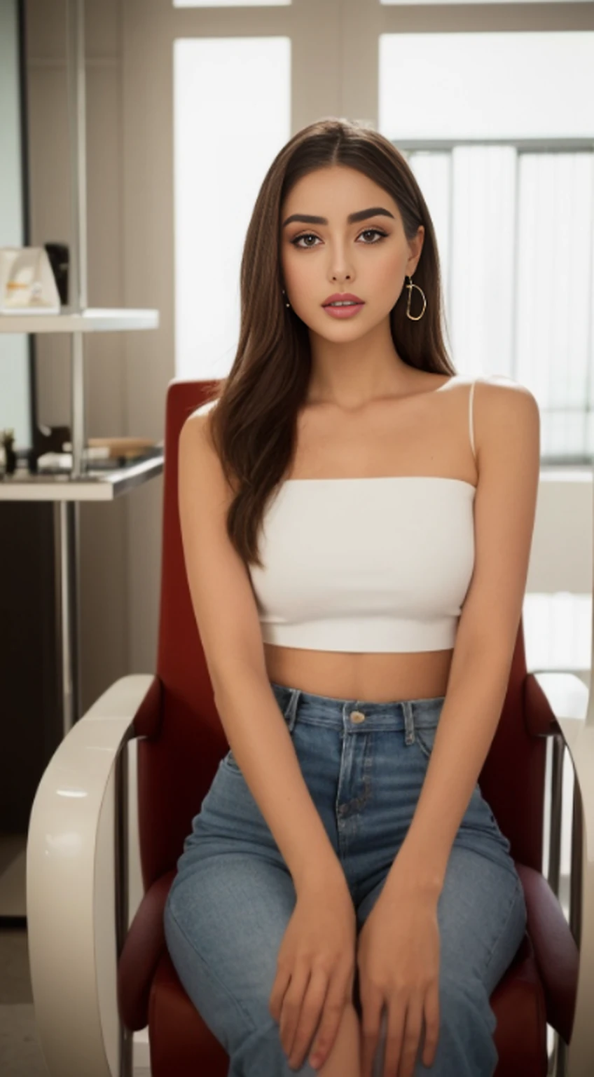 arafed woman sitting in a chair in a salon with a laptop, a portrait inspired by Gina Pellón, instagram, tachisme, violet myers, lorena avarez, olivia culpo, alanis guillen, looks like laura barriales, portrait sophie mudd, tanned ameera al taweel, beautiful mexican woman