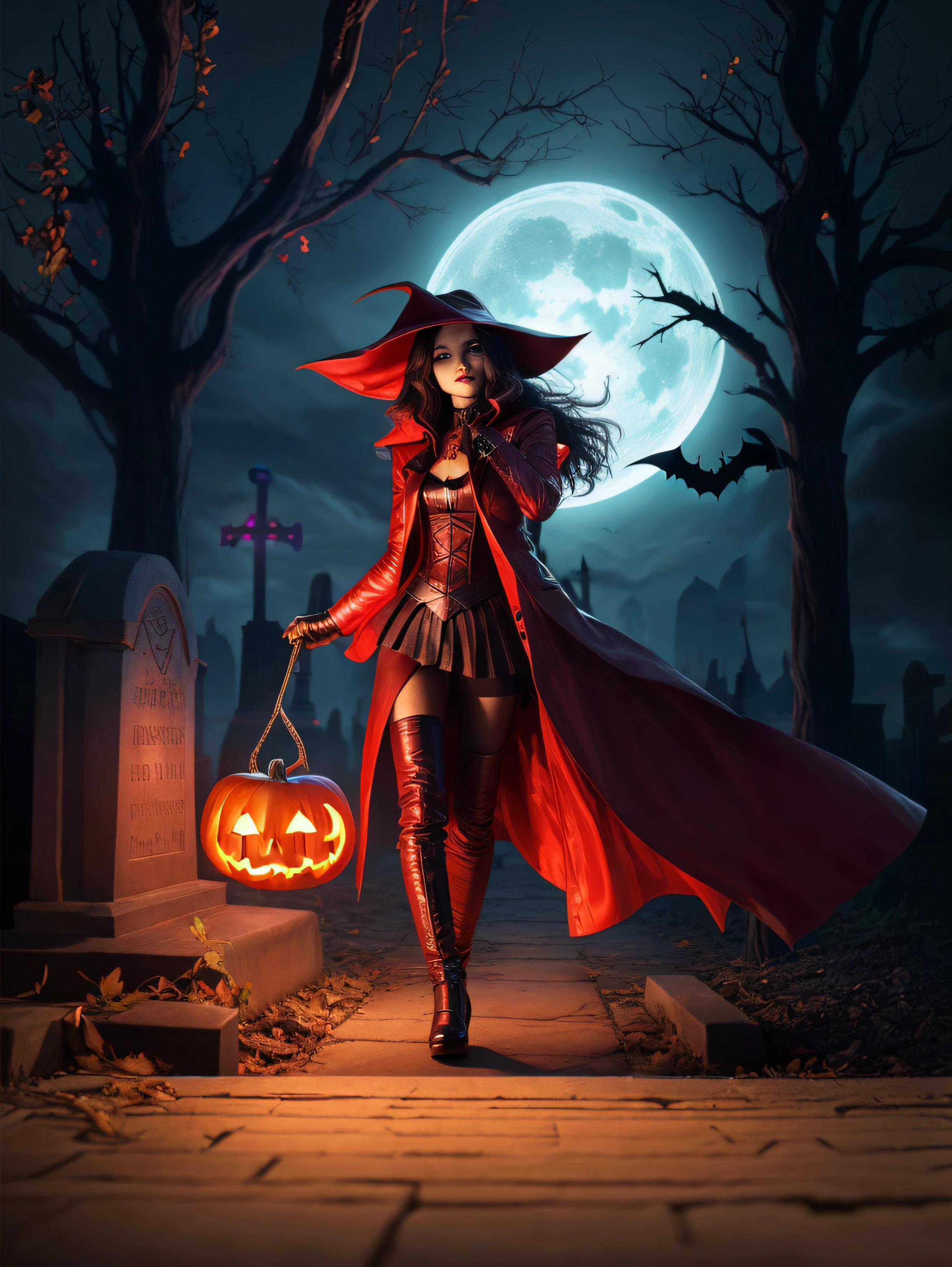 superheroine alias black witch halloween photo with pumpkin haunted castle orange black shades in MARVEL movie style photorealistic cinematic