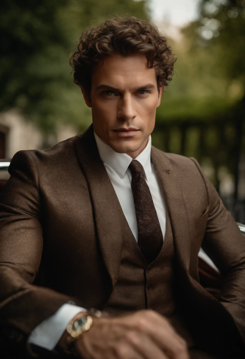 corps entier, wide-angle photo close-up portrait of the body of a handsome man , Grand et en forme, (40 ans:1.1), (shaven:1.2) , (very short brown curly hair:1.5),(very short hair:1.6). Dark brown tight velvet suit, (La veste a des motifs de fleurs noires:1.2). (posing outside the mansion with a luxury car:1.1), crowded street with cafes in the distance, Cold and dark sunset at dusk, (Edge Light:1.1),(Concentrez-vous sur les yeux), (angry look), (hard light on the skin:1.2), (ombres dures, dark themed, Contraste profond:1.1), (photographie de portrait par Annie Liebovitz), Dark mint theme and choral aesthetics, (skin imperfections)