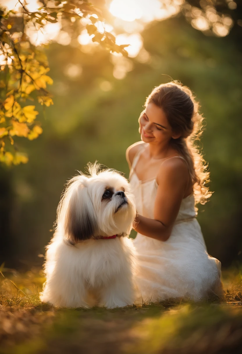 Havia uma tutora mulher, vestida com roupas coloridas e alegres, passeando com sua shih tzu em uma bela floresta. The sun's rays penetrated among the trees, creating natural and magical lighting around them.
A tutora caminhava com seu cachorrinho, enquanto admirava a beleza da natureza ao seu redor. The leaves of the trees danced in the wind, forming shadows and lights on the forest floor. A shih tzu, animada, saltitava ao lado dela, espalhando alegria e entusiasmo.
Com um sorriso no rosto, The female tutor stroked the soft fur of her adorable shih tzu, aproveitando cada momento daquele passeio especial. Os olhos brilhantes da cachorrinha refletiam a felicidade que ela sentia ao estar ao lado de sua tutora.
Enquanto continuavam a explorar a floresta, era como se estivessem dentro de um desenho animado. The trees came to life, swinging their branches as if they were dancing, and curious little animals watched the pair in awe.
A tutora mulher e sua shih tzu continuaram a caminhar, imersas na magia que a floresta proporcionava. Juntas, they created precious memories, further strengthening the special bond they had.
Enquanto o sol se punha no horizonte, a tutora mulher e sua shih tzu voltaram para casa, carregando consigo um sentimento de paz e alegria. Aquele passeio na flo
