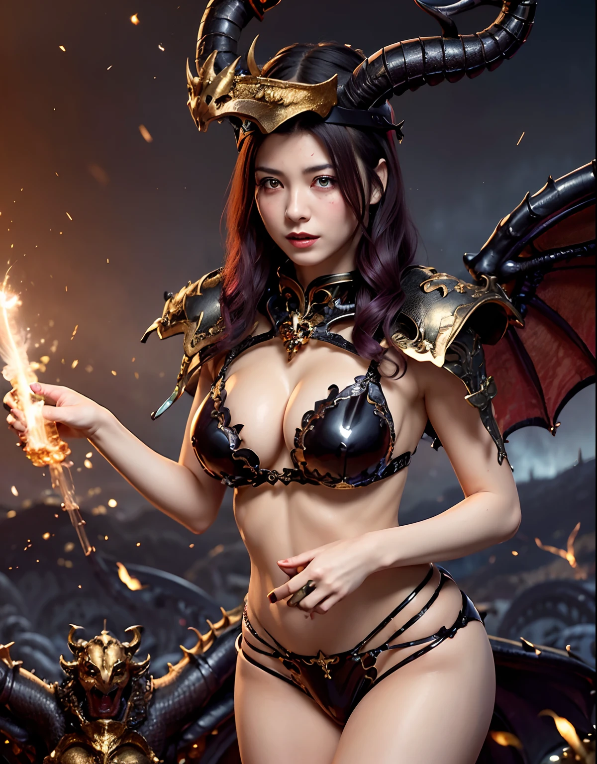 ((World of Darkness))、Professional , masterpiece、top-quality、photos realistic , depth of fields 、Beautiful Cyberpunk Woman Image,((World of Darkness)),(Dragon Blue Metal Body:1.1),(latex black-purple、(cleavage of the breast)(Fight dragons)、Mystical expression、Dragon Gold Weapon((Random Hairstyles 1.5),Dark Fantasy,)、、(Red Micro Bikini Armor:1.4),Gorgeous gold weapons ,((((Particles of light))))、,Blood on the face,Blood Rain,Blood fog(blood splattere:1.9),,((( Dragon's dense and gorgeous sword)) , (demonic wings)、((a blond))、(Castle background)、((Gangle's forest background))、((Fight dragons))、Beautiful Caucasian beauty、1a person、dynamic ungle,(((Detailed and ornate dragon helmet)))、(((On his head grow two demon horns))),Smaller head、A smile、Castle background、Thin and beautiful female hands、cleavage of the breast、Soldier in iron armor on background、Mystical expression、Light Effects、intense fighting、Wind-effect、magic circles、With the legendary magic wand、Dragon's tail、explosions、Anatomically correct body、、((4 fingers,Thumb、Detailed hands and fingers)),