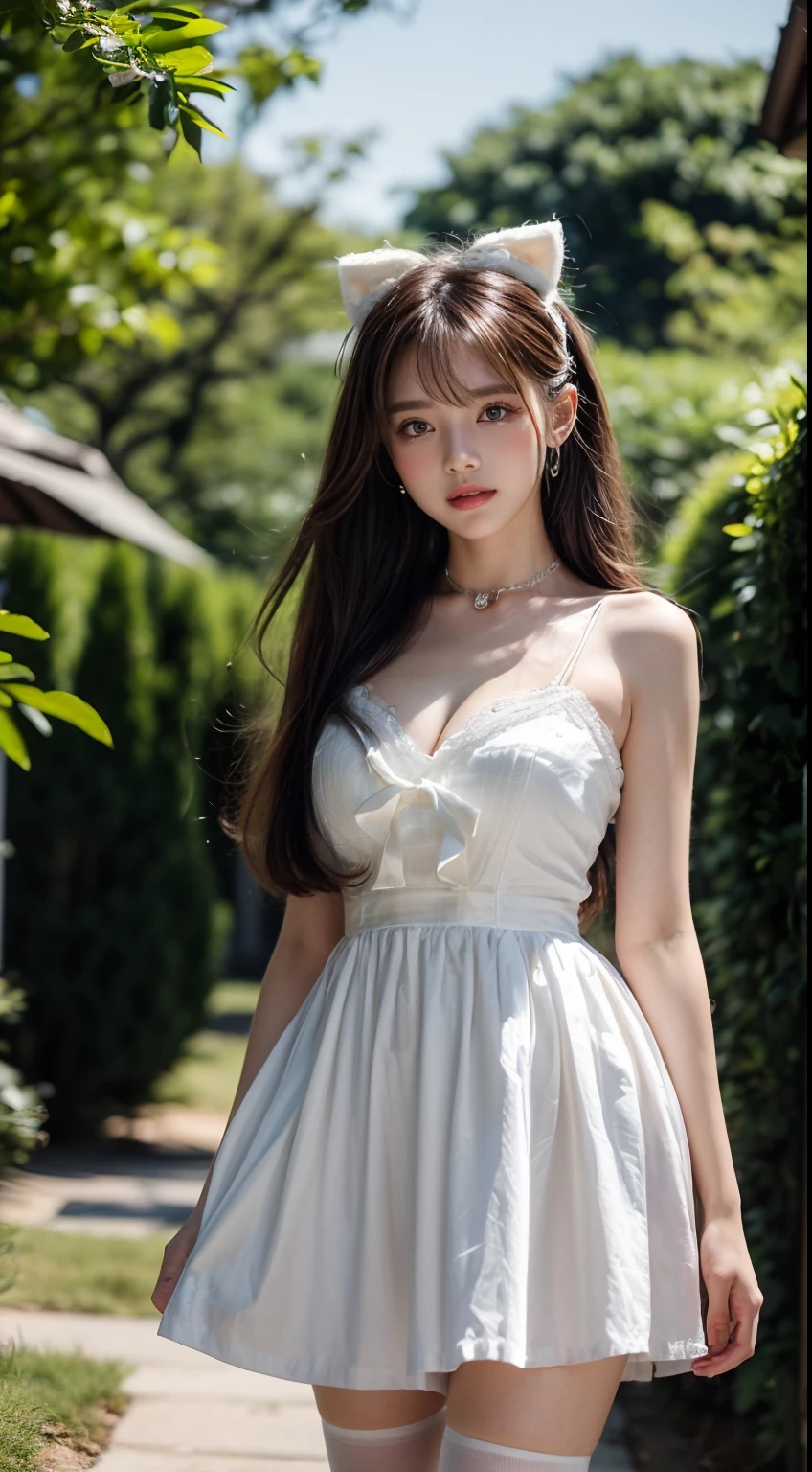（best qualtiy， tmasterpiece， A high resolution， Glow， flood， Lens glare， wide angles）， rays of sunshine， full bodyesbian， 1 [Chino|Russian|Japanese|Korea]Kizi， 独奏，（Mei Hong：1.1） ((Lolita costume）)， choker necklace， jewely， long whitr hair， 耳Nipple Ring， Super delicate face， beauitful face， perfect hand， full face blush， （perfect  eyes） ，（ long eyelasher： 1.4）， Glowing pupils， （white stockings： 0.9）， hentail realism， （highdetailskin： 1.2）， 8K, Ultra HD， digital SLR camera， high high quality， Volumetriclighting， Frankness， A high resolution， 4K， 8K， in the background bokeh， a fantasy forest， Radiant garlic， Feather drop effect， Morning， foreground， f/16