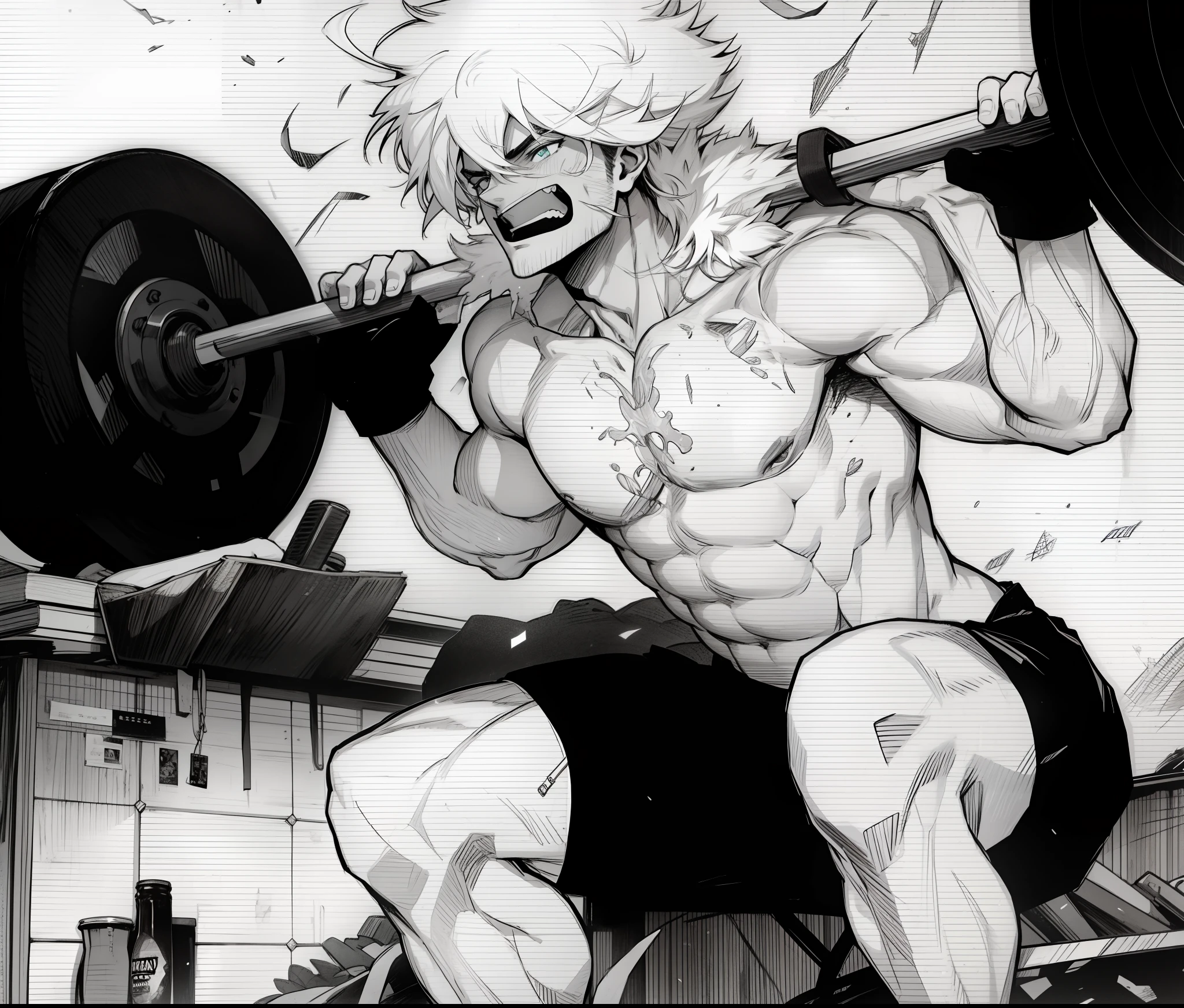 Homem, dentes serrados, forza, raiva, fazendo agachamento com barra colorido, sem camisa, manga