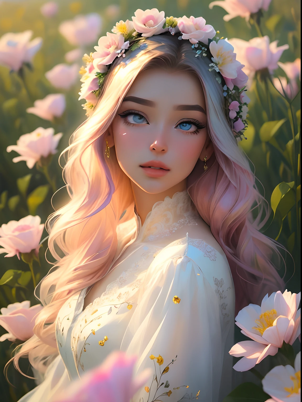 The colors in this image are soft and draw inspiration from gentle watercolors and should be primarily pink. Generate a delicate and tranquil flower princess with soft hair dancing in the wind and intricately braided. Her sweet face has puffy, kissable lips and stunning, highly realistic eyes. She has beautiful eyes, hires eyes, 8k eyes, beautiful detail eyes, beautiful detailed eyes, realistically shaded eyes, and realistic eyes in vibrant colors. She is wearing delicately detailed fabric of gossamer silk and satin. Small pink gemstones and cream pearls detail her clothing. She sits in the midst of the most beautiful meadow in the world and is surrounded by beautiful flowers of varying sizes and colors. The background is wild and unruly, with delicate flowers dancing in the wind and creating a dynamic and compelling image. An ornately flowered headdress adorns her head and soft petals fall around her. The flowers are realistic and very detailed and come in different shapes and sizes, some with iridescence and others with varying shades of pink and blue. Include a soft watercolor sky. The background is wild, with delicate flowers dancing in the wind and colorful pollen filling the air. Include realistic hair and skin texture. Include fantasy details, enhanced details, iridescence, colorful glittering wind, and pollen. Pay special attention to her face and make sure it is beautifully and realistically detailed. The image should be dreamy and ethereal. Include intricate fantasy details. 8k, intricate, elegant, highly detailed, majestic, digital photography, art by artgerm and ruan jia and greg rutkowski surreal painting pearl butterfly filigree, flower petals, (masterpiece, finely detailed beautiful eyes: 1.2), hdr, realistic skin texture, ((ornate)), ((intricate)), ((fantasy00d:1.2)), rays of light, (add details), (add more details), highly detailed, ornate flowers, dew drops, sunlight, rays of sun