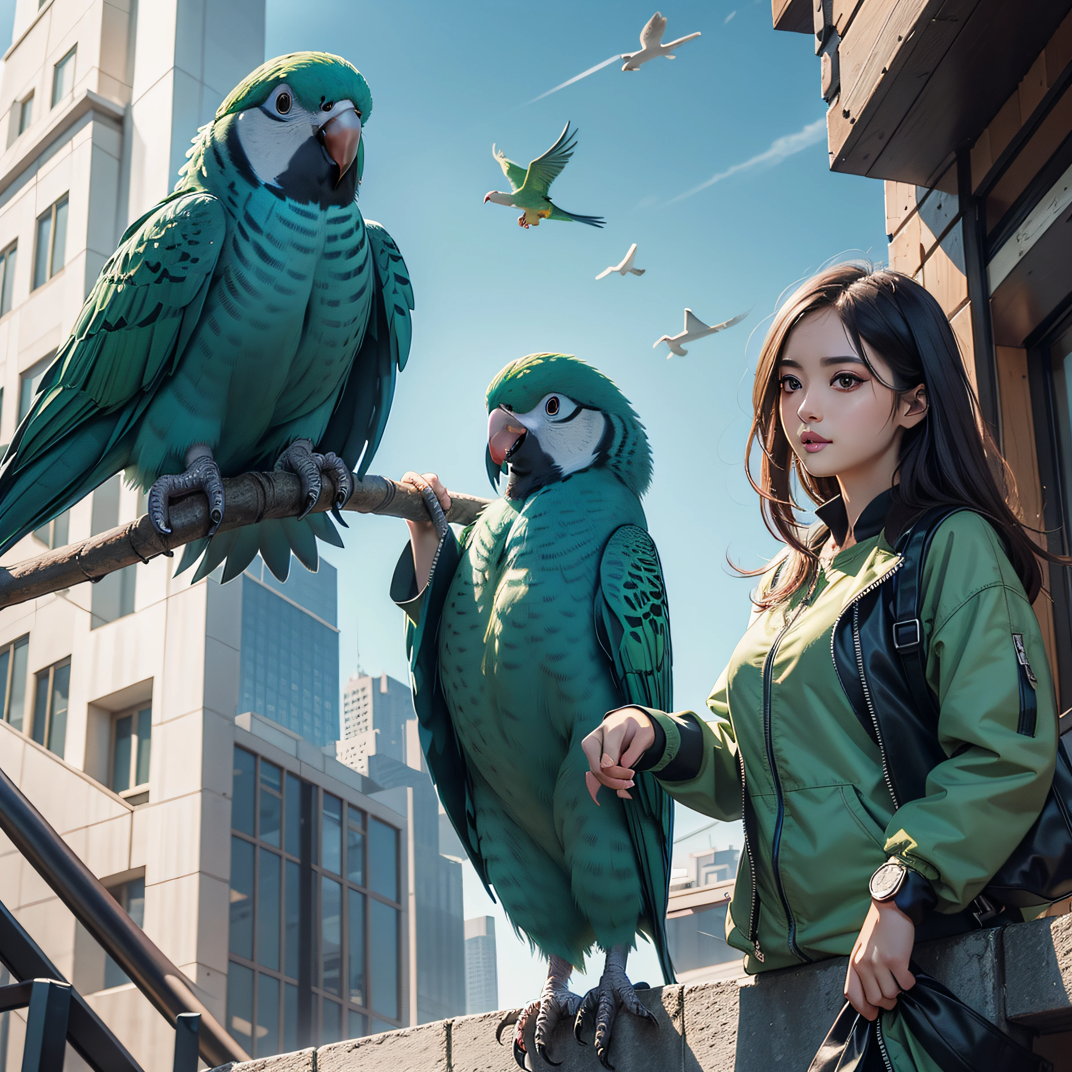 Super big cute parakeet perched on a skyscraper,People-friendly parakeets。The illustration is a high-definition illustration in 4K resolution,with highly-detailed facial features and cartoon-style visuals。