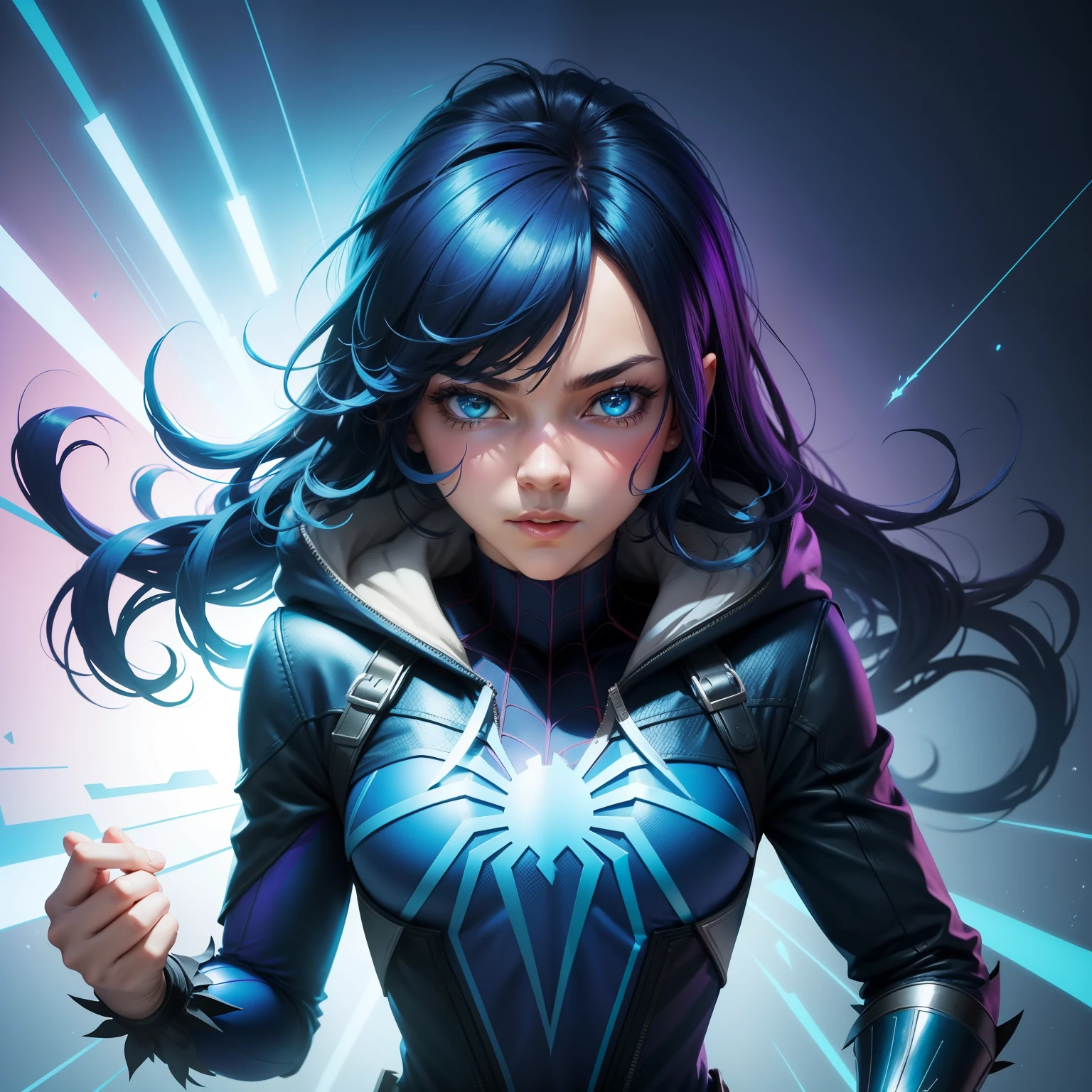 Make a fantasy logo called tales of crafting in spider verse style.the colour should be blue gradient.and add some light blue particles