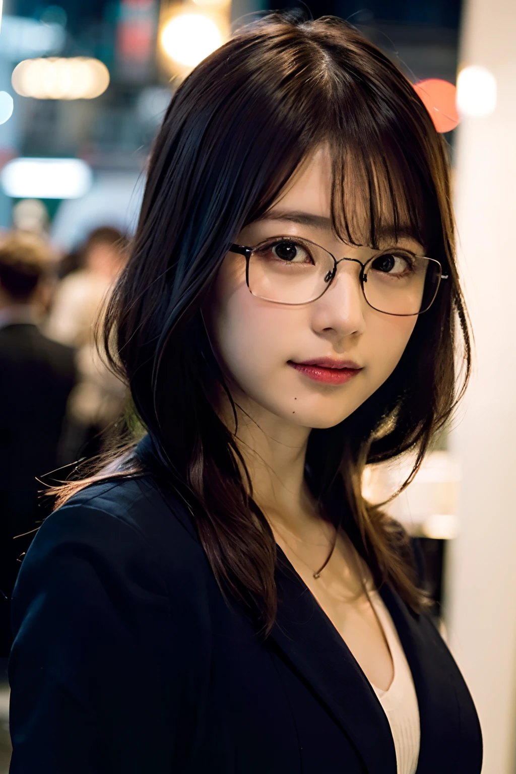 (8K、Raw photography、top-quality、masterpiece:1.2)、(realisitic、Photorealsitic:1.37)、ultra-detailliert、超A high resolution、1人、see the beholder、beautifull detailed face、Serious smile、Constriction、(Slim waist) :1.3)、((Wearing a suit))、Beautiful detailed skin、Skin Texture、Floating hair、((Easy-to-move hairstyle))、large breasts with good shape、Professional Lighting、Autumn twilight、In front of the station、(((Black square glasses )))、Whole human body、Black hair、((Shameful appearance))、