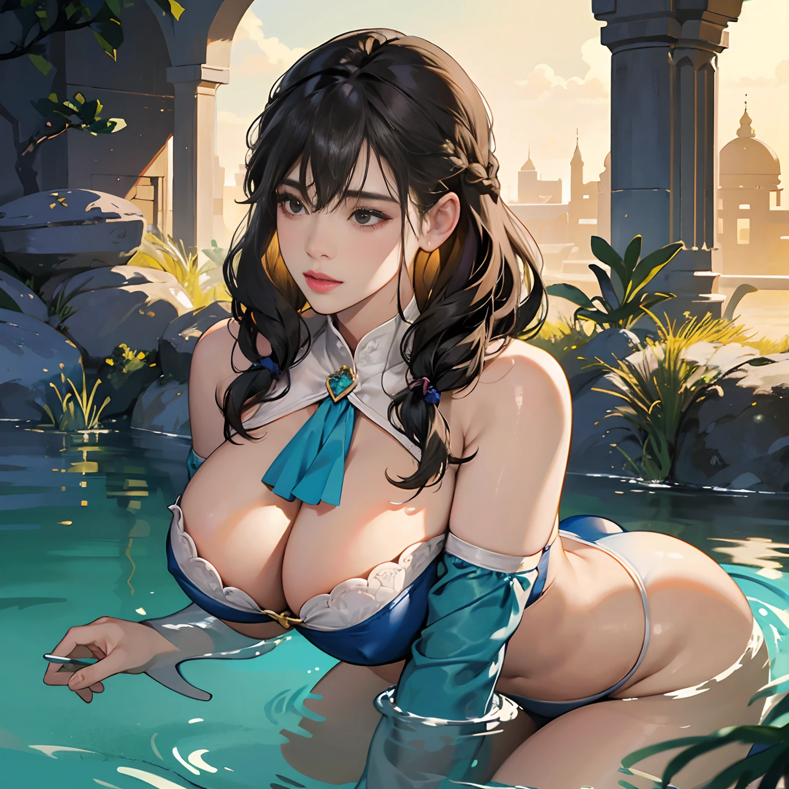 Two women in their 20s、 Fantasia、offcial art, unity 8k wall paper, ultra-detailliert, beautifly、Aesthetic, ​masterpiece, top-quality、high-detail、A hyper-realistic、Photorealsitic、Braids、Bunching hair、Black eyes、depth of fields, Fantastic atmosphere, Calm palette, tranquil mood, Soft shading、bbw、very large breast、plump figure、Huge breasts、stone buildings、Desert Oasis、Woman in swimsuit、Playing in the water、