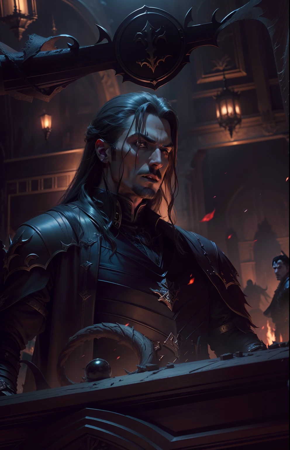Castlevania Lord of the shadows hyper realistic super detailed Dynamic shot master piece scene cinématique movie sharp détails of Lord Dracula leading troops army of demons to battle War hyper realistic super detailed