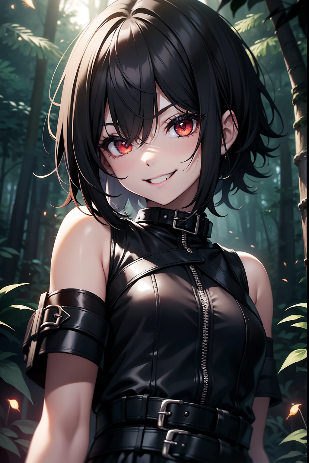 Girl, goth girl, emo girl, short, haircut, girl, small breasts, smiling, sleeveless black leather dress, black lipstick, red eyes, smiling, in a forest, night, fireflies in scenery, 4k