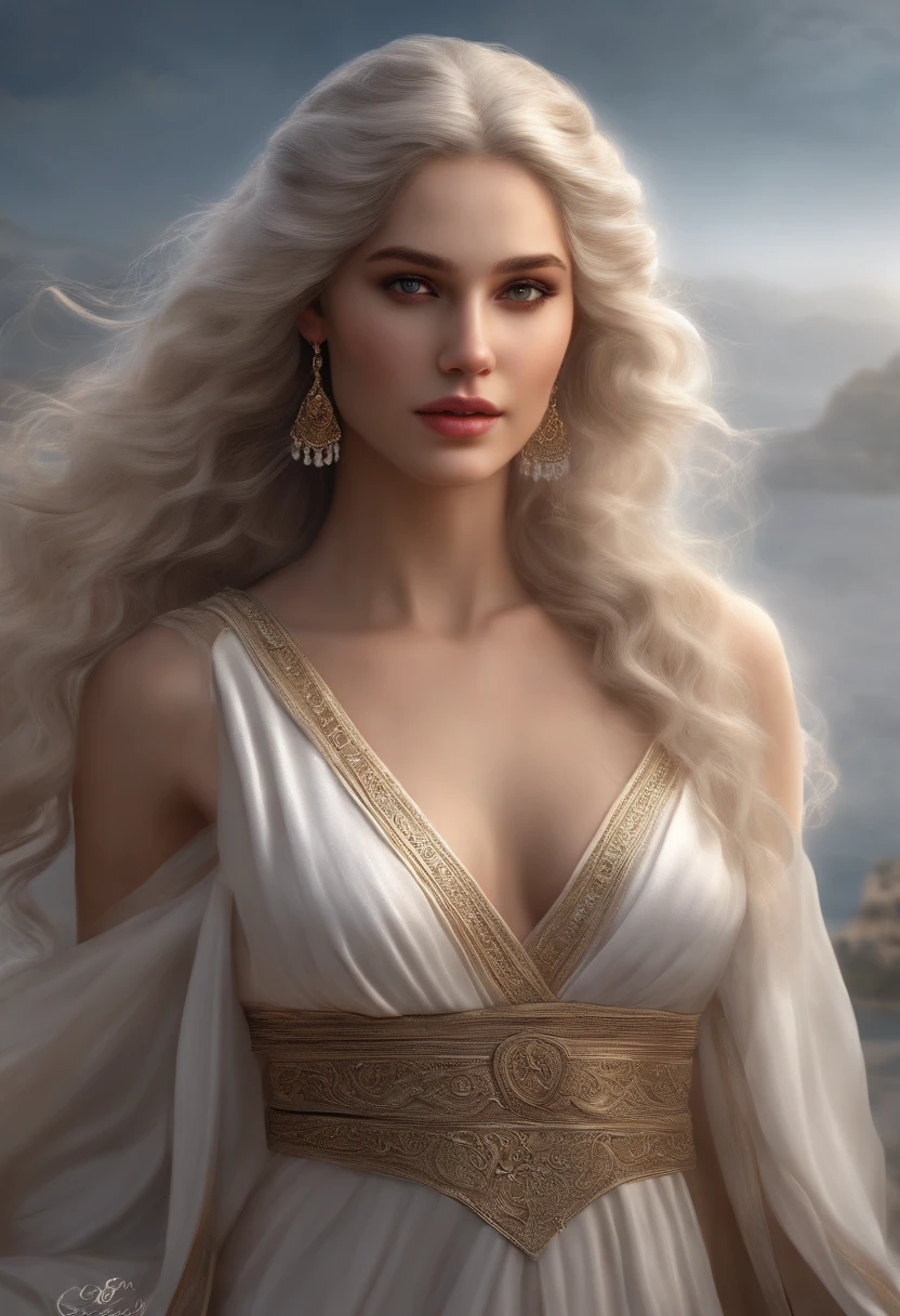 Woman 20 years old, Cold beauty, Perfect facial features of the Greek goddess, fine facial traits, White Skin Skin, white colored hair, ultra realistis, photo realism, finely detail, Best Quality, CG Unity wallpapers with high detail 8k, perfect artwork,