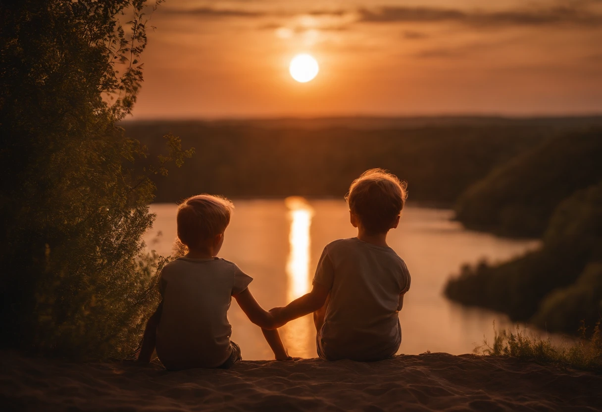 YOUNG SIBLINGS WATCHING THE SUNSET, NATURE, 8K, intricate details, HDR, beautifully shot, realistic, sharp focus, 64 megapixels, perfect composition, high contrast, cinematic, 8K, CAUCASIAN