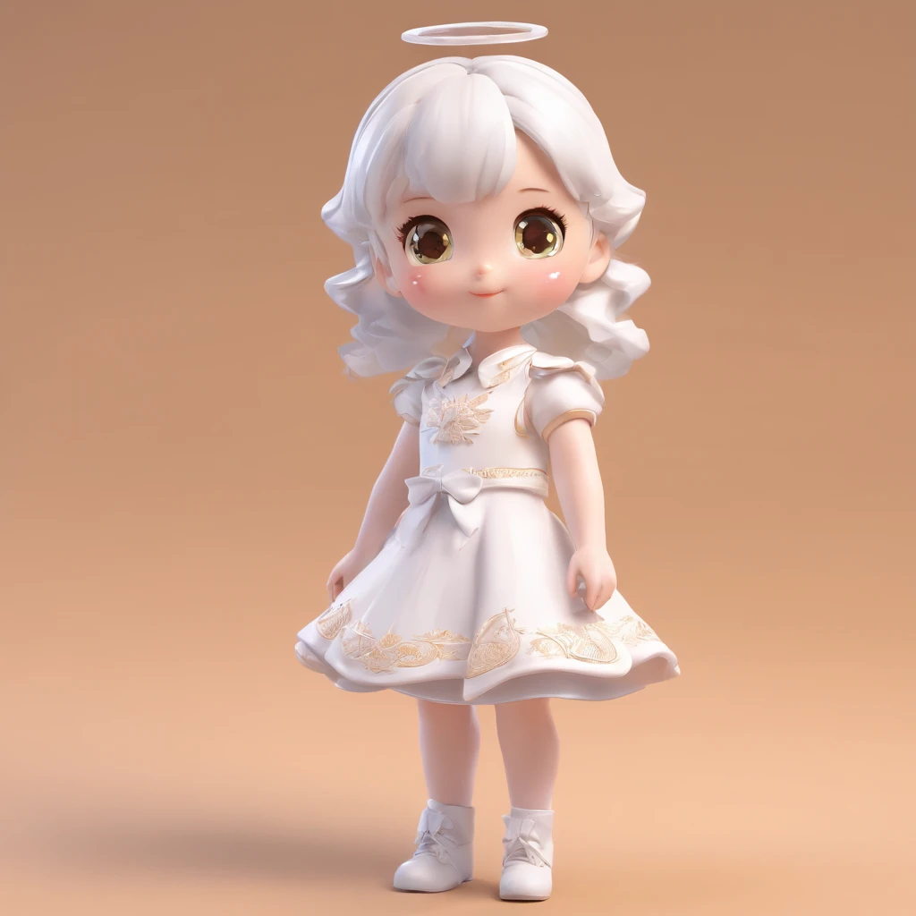 Super cute ip girl by popmart, Shining eyes, Angel,Small white dress, Mud, models, Blind Box Game, Shiny and delicate,clean background, good gloss;, 3D rendering of,Best Quality