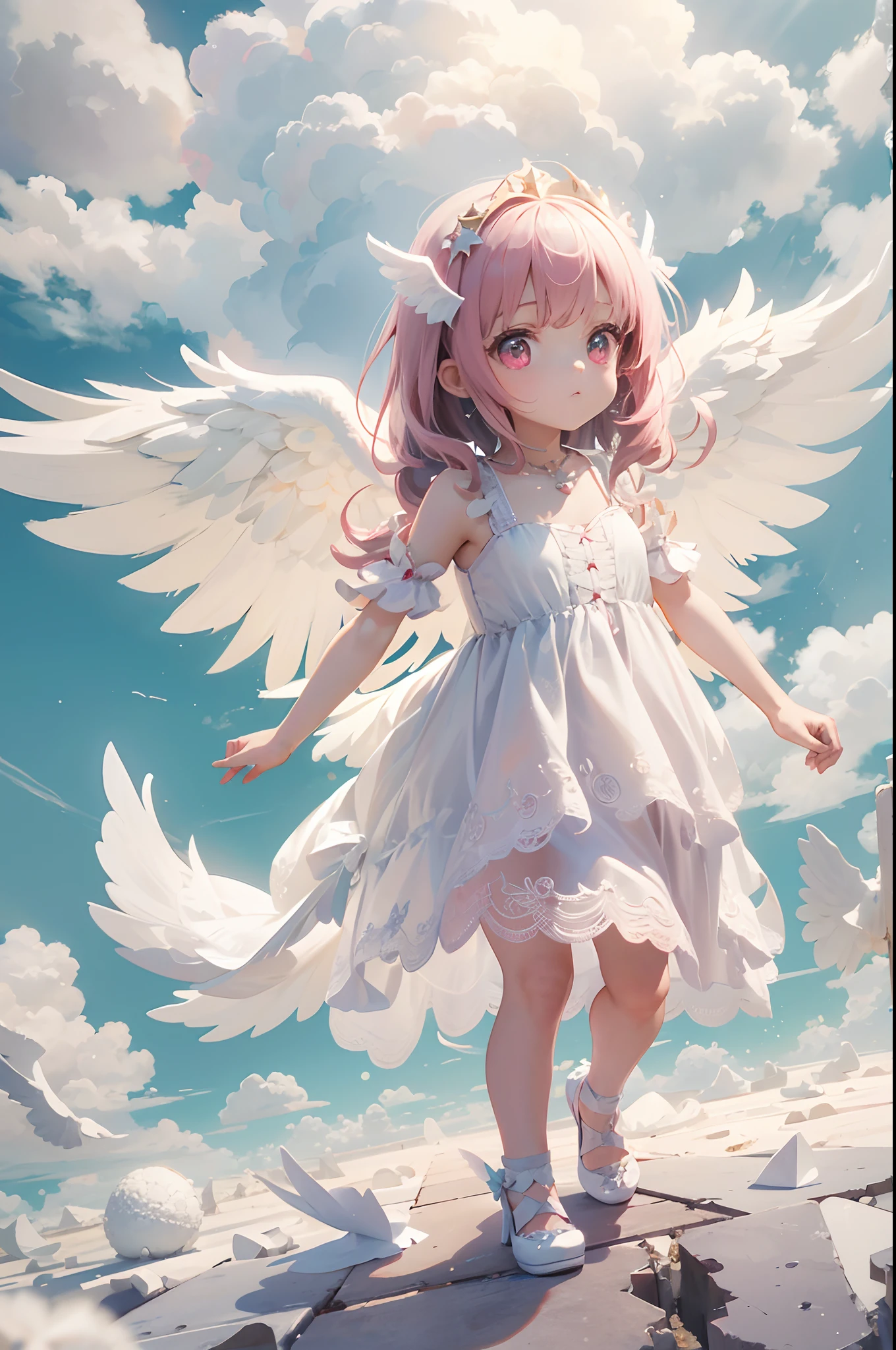 3D style, Cute little girl with angel wings,a pink eyes,There are stars in the eyes, White lace dress,Crystal shoes,Fly over the clouds on a sunny day